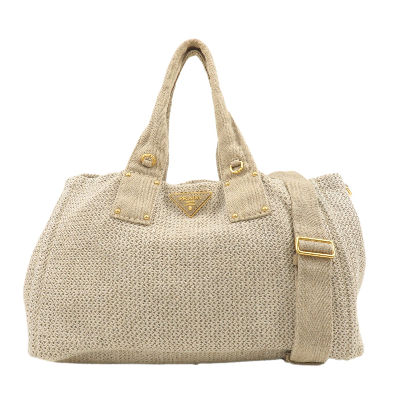 PRADA Logo Linen Suede Leather 2 Way Hand Bag Tote Bag Beige