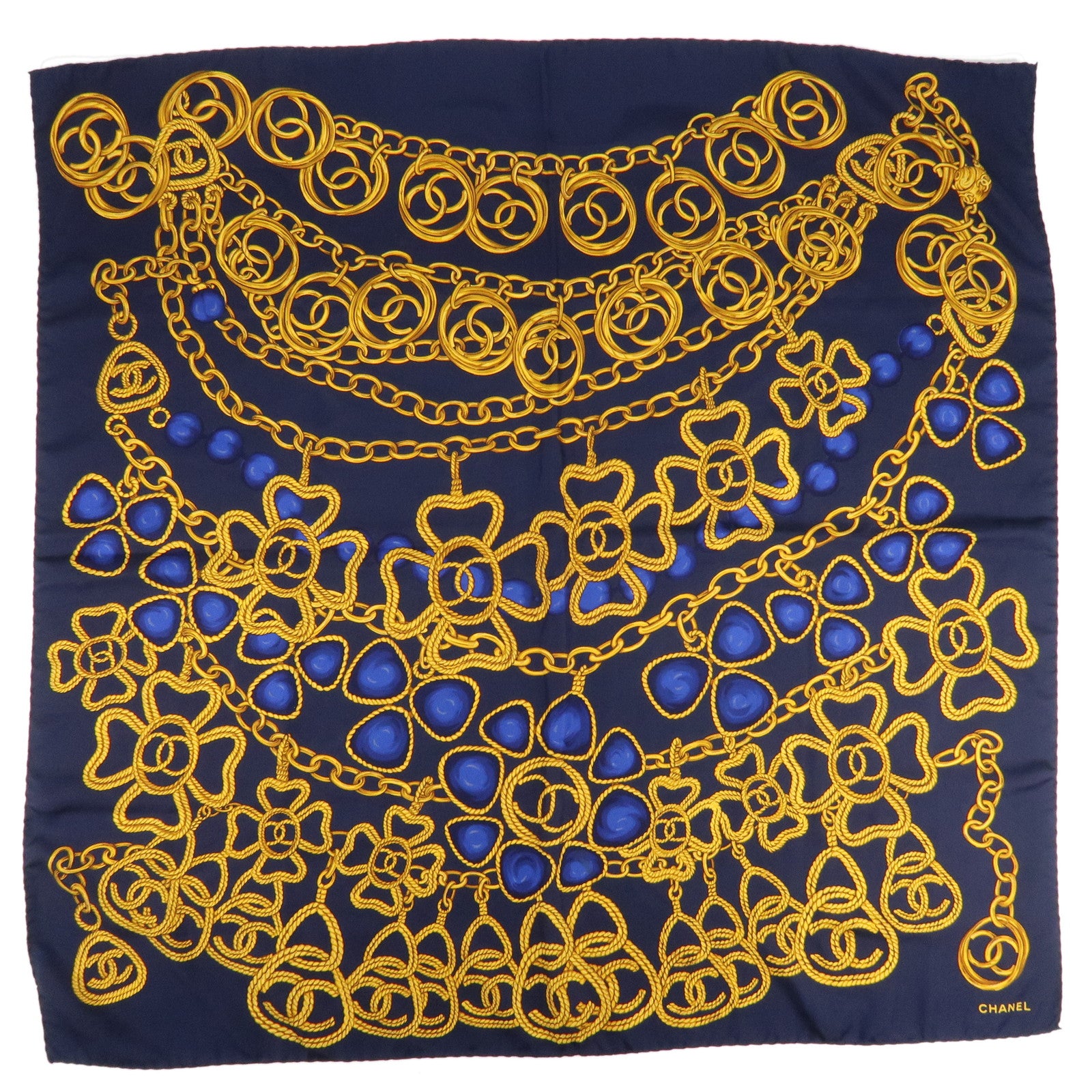 CHANEL-Silk-100%-Scarf-Chain-Pattern-Navy-Gold-Blue