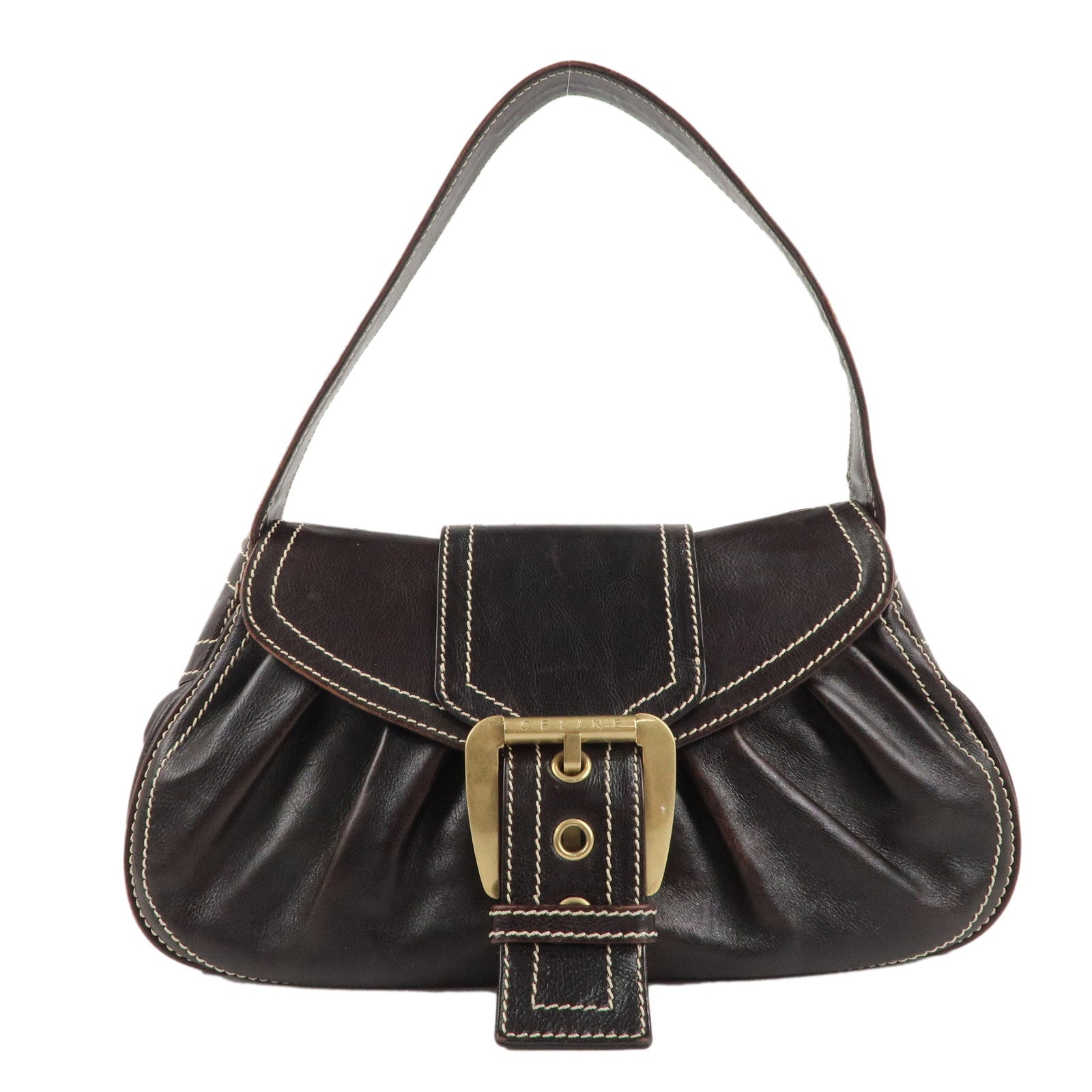 CELINE-Leather-Shoulder-Bag-Dark-Brown