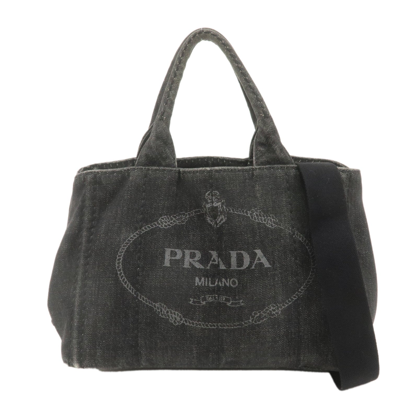 PRADA-Denim-Canapa-Mini-2Way-Bag-Hand-Bag-Shoulder-Bag-Black