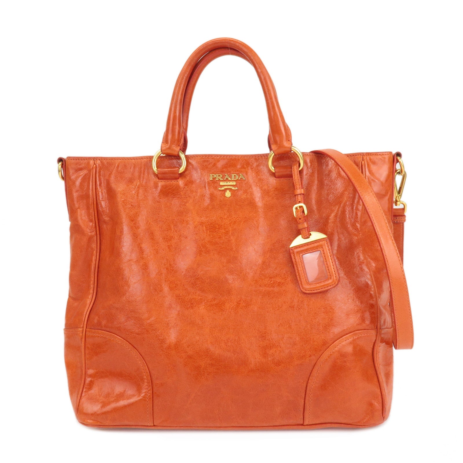 PRADA-Leather-2Way-Hand-Bag-Tote-Bag-Orange-Gold-HDW