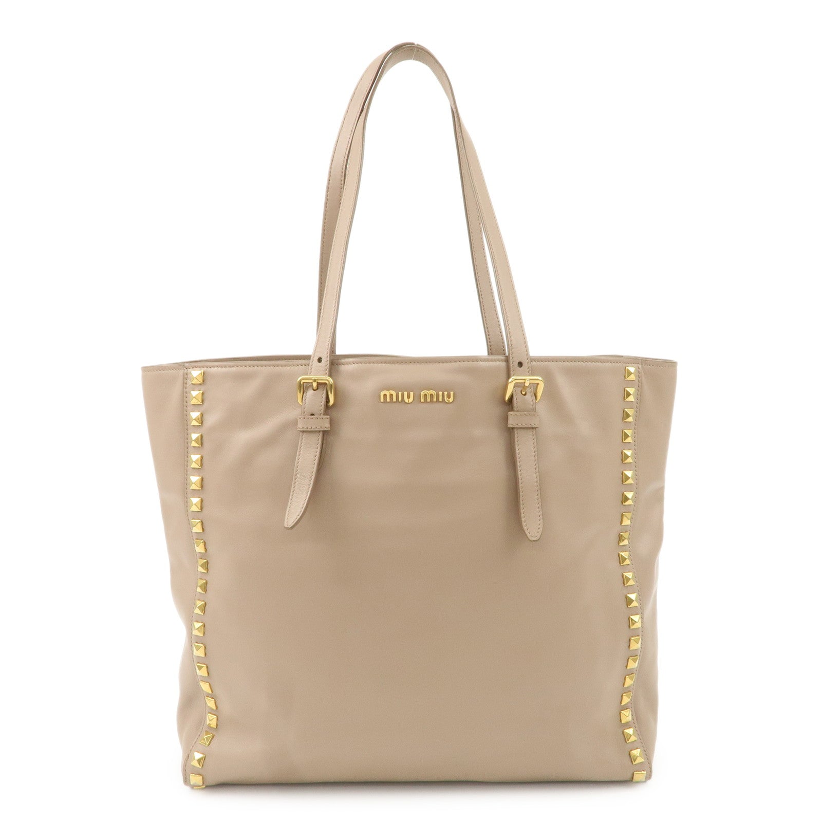 MIU-MIU-Leather-Studs-Tote-Bag-Hand-Bag-Beige-RR1906