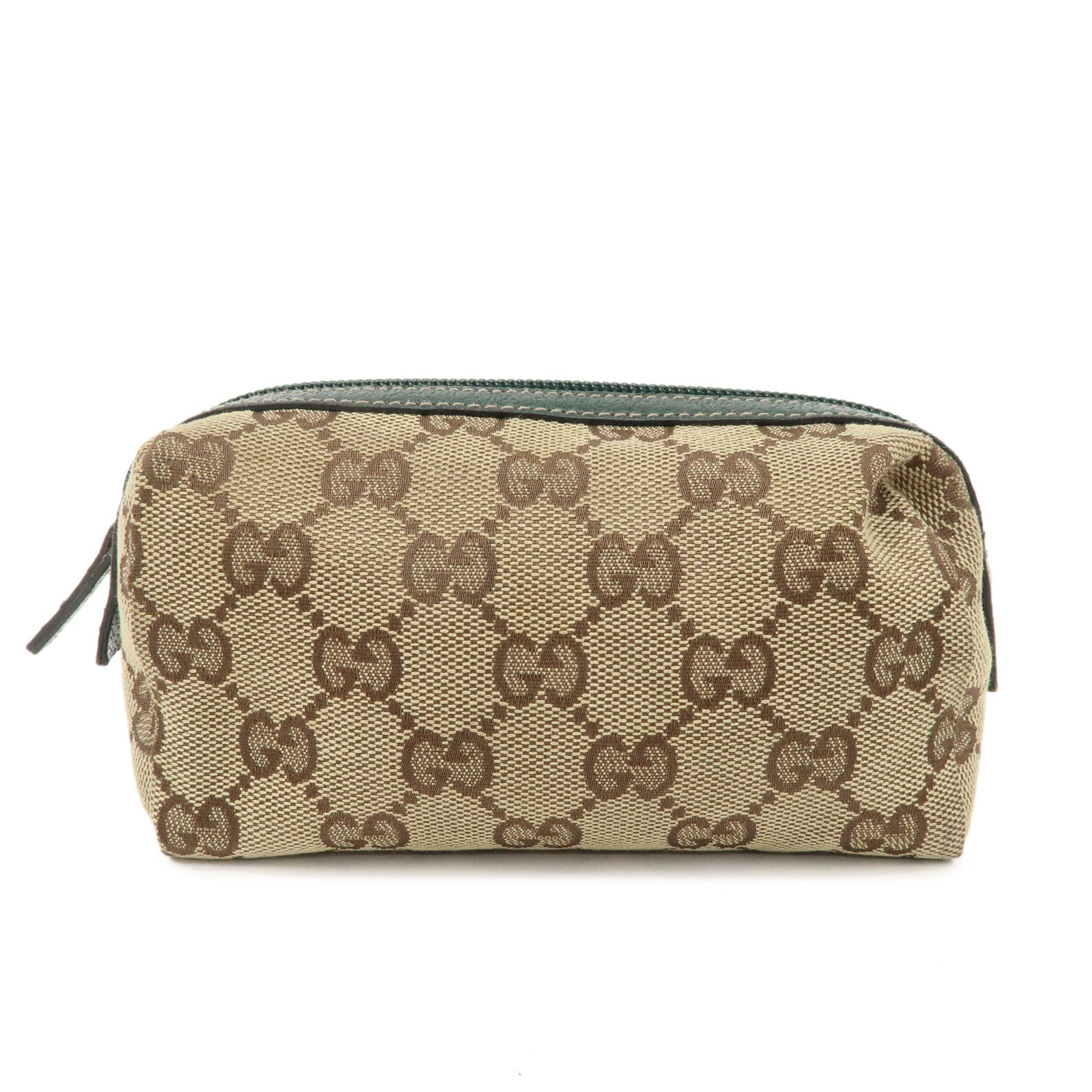 GUCCI-GG-Canvas-Leather-Cosmetic-Pouch-Beige-Green-29596