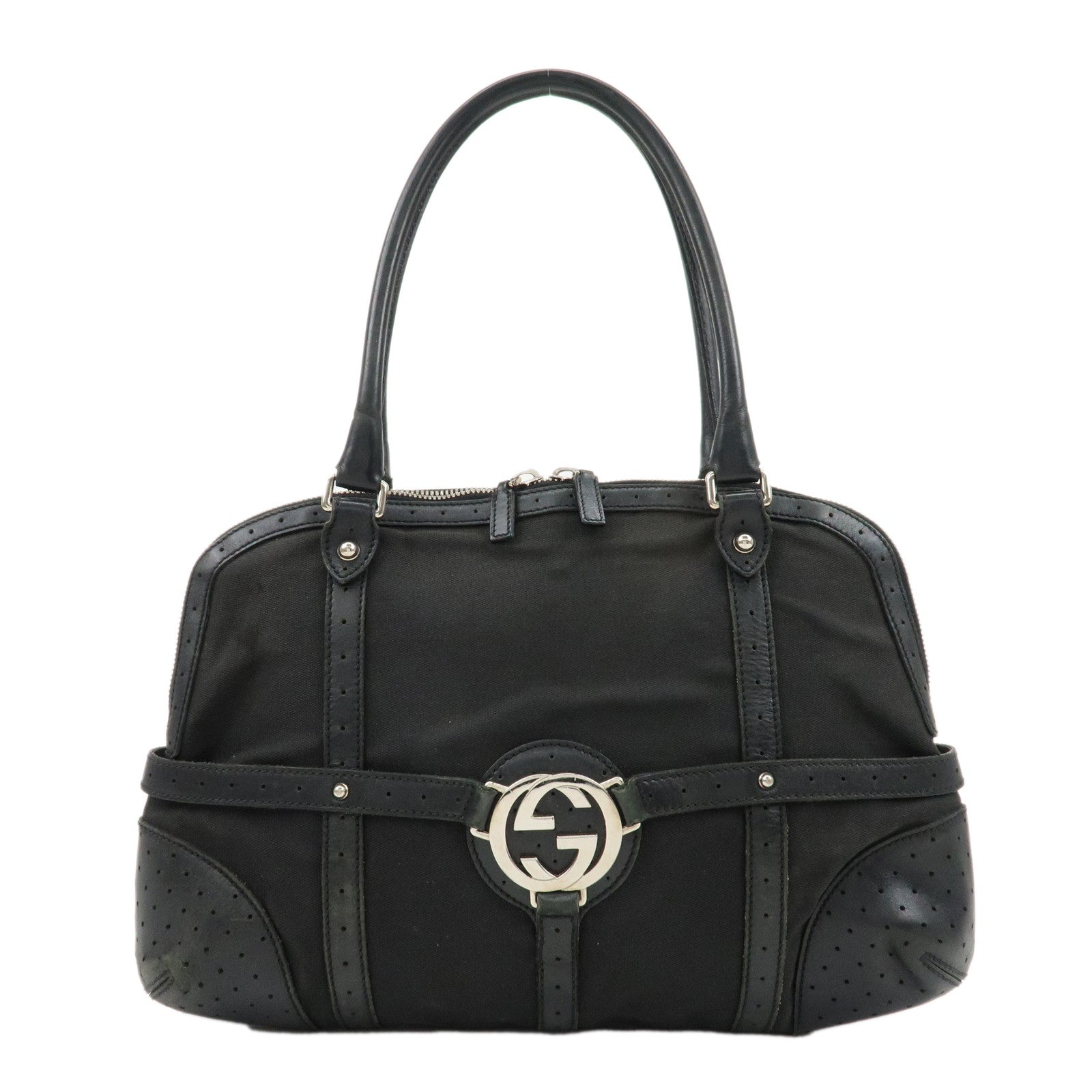 GUCCI-InterlockingG-Canvas-Leather-Tote-Bag-Black-114887