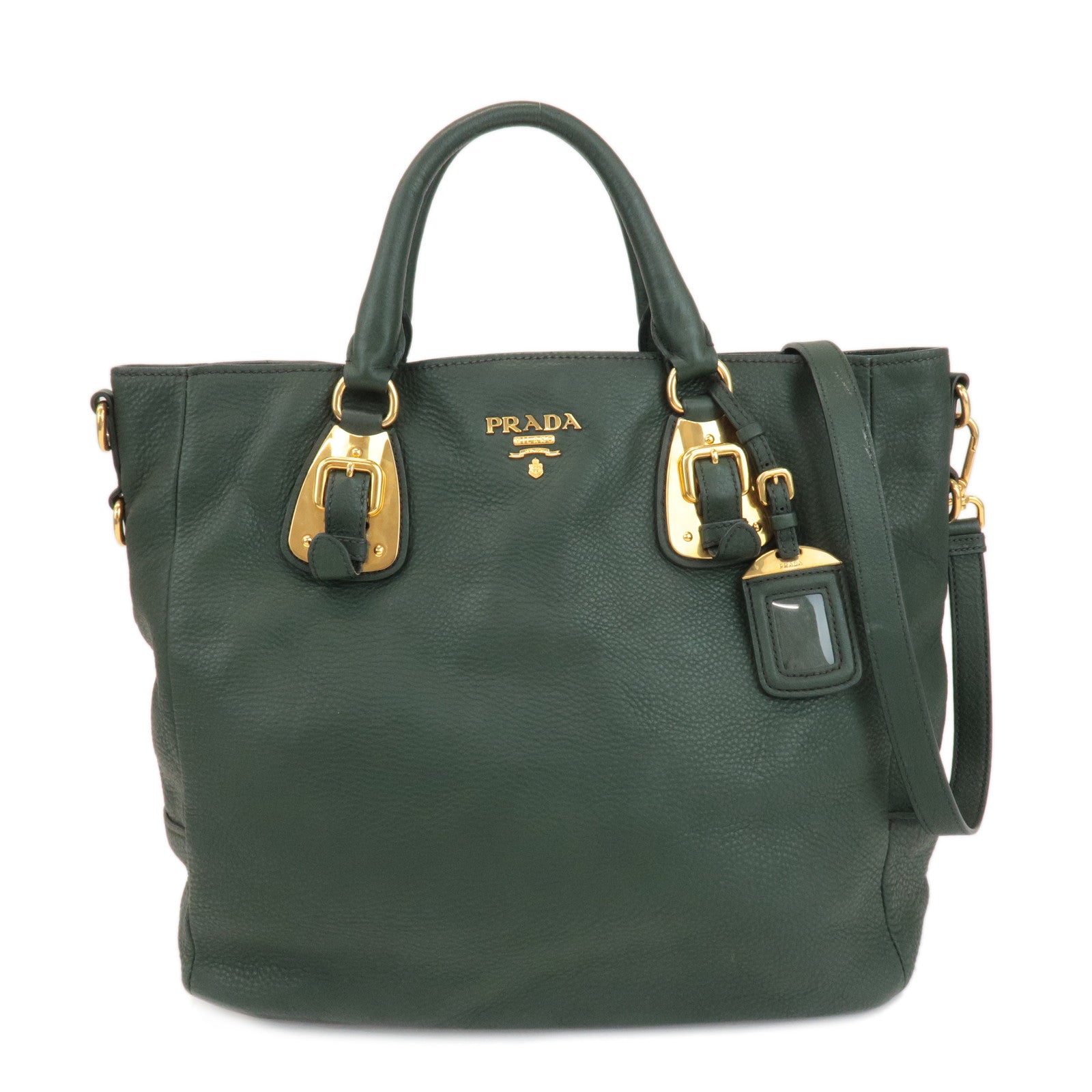 PRADA-Leather-2Way-Hand-Bag-Shoulder-Bag-Green-Gold-Hardware