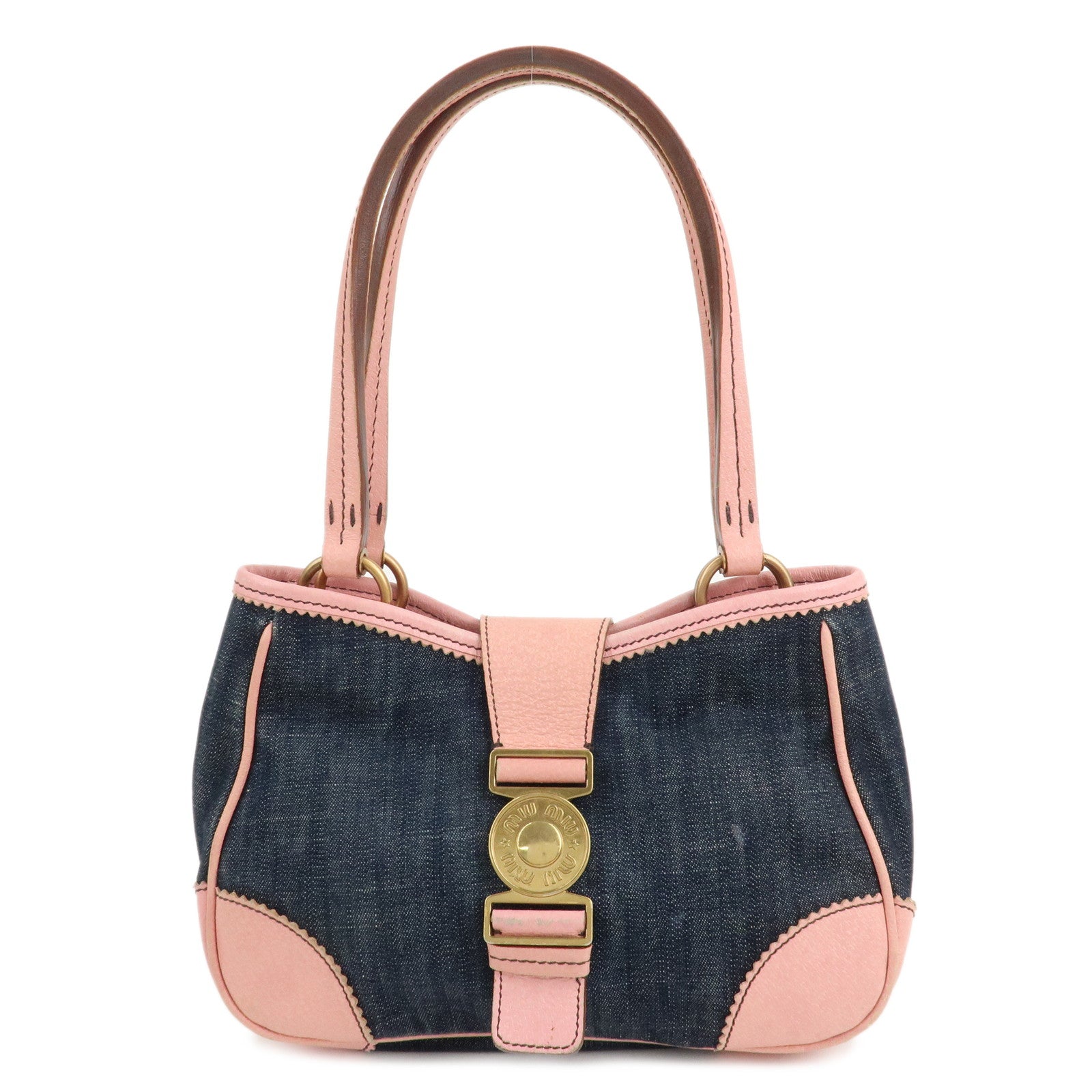 MIU-MIU-Denim-Leather-Indigo-2Way-Tote-Bag-Shoulder-Bag-Pink