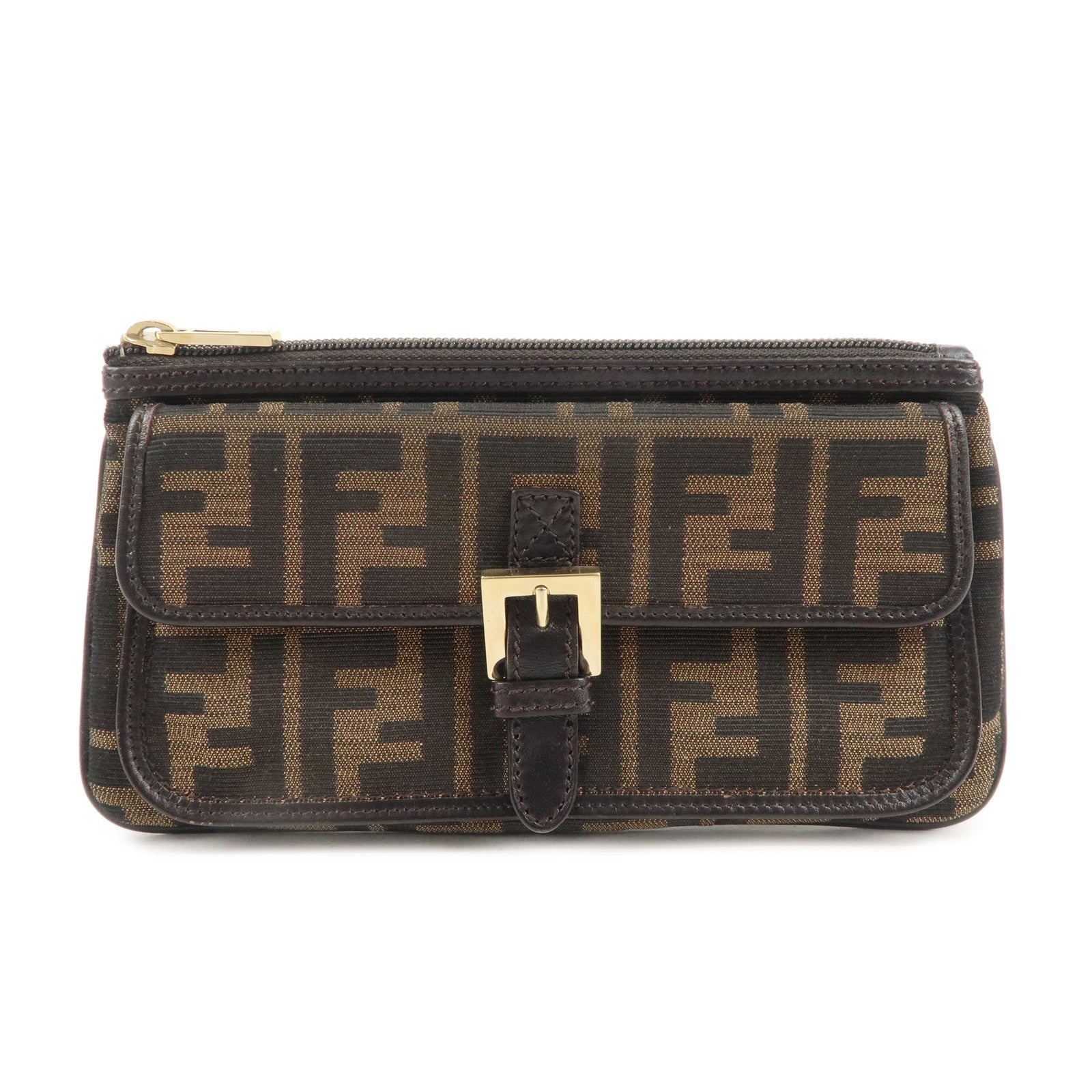 FENDI-Zucca-Canvas-Leather-Pouch-Purse-Khaki-Brown-8N0038