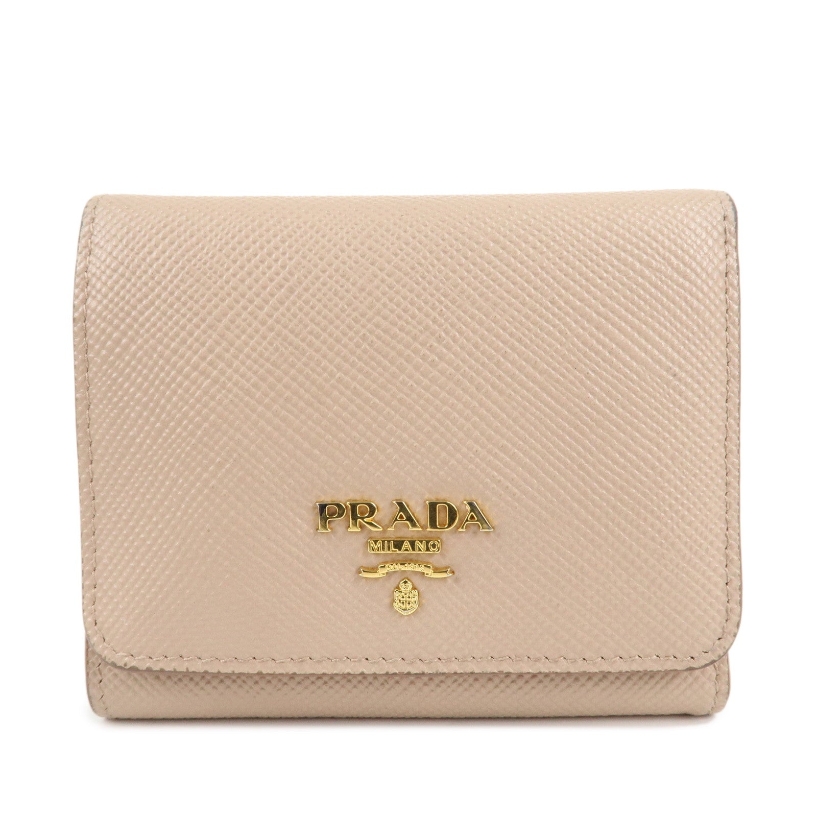 PRADA-Saffiano-Leather-Trifold-Compact-Wallet-Beige-1MH176