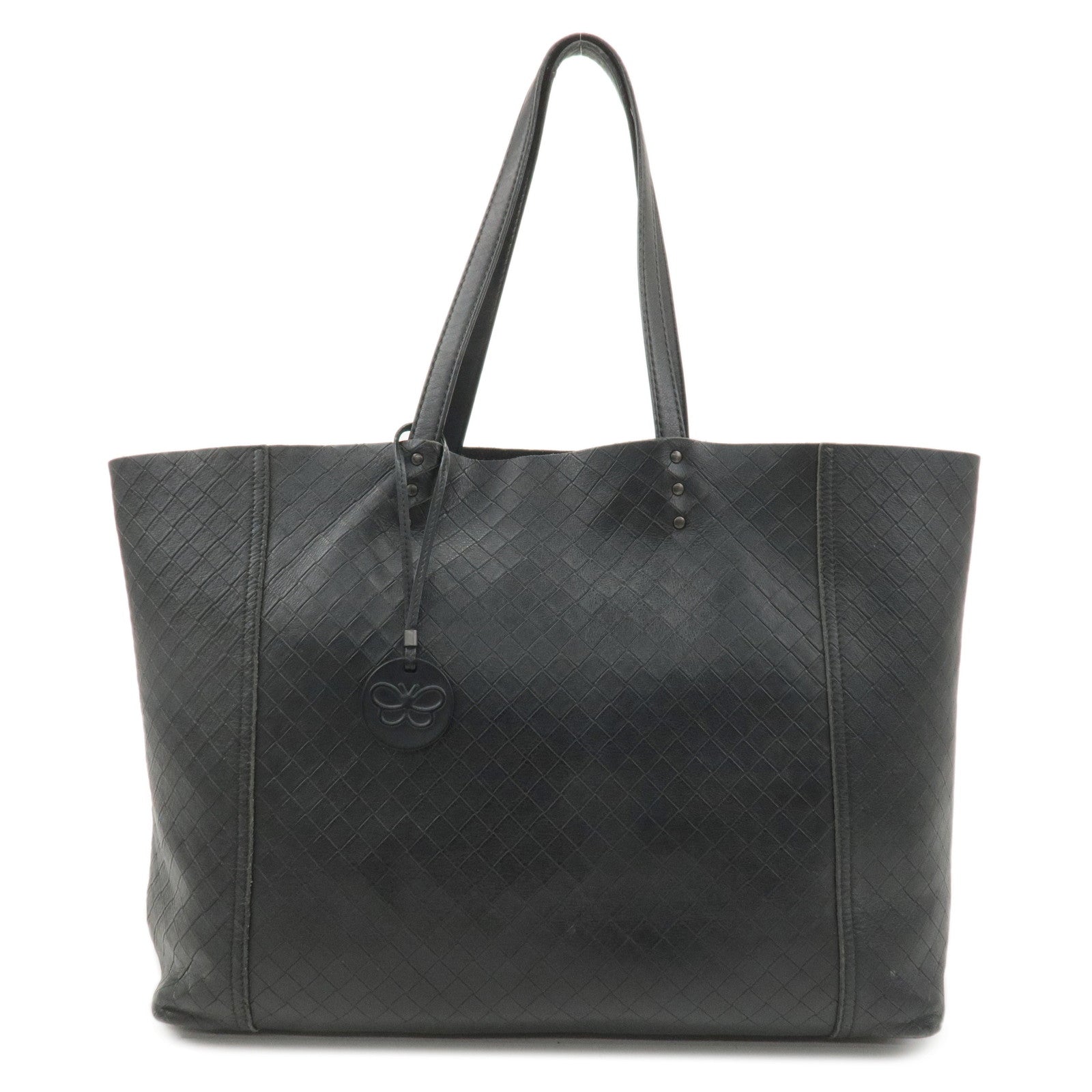 BOTTEGA-VENETA-Intreccio-Leather-Tote-Bag-Shoulder-Bag-Black