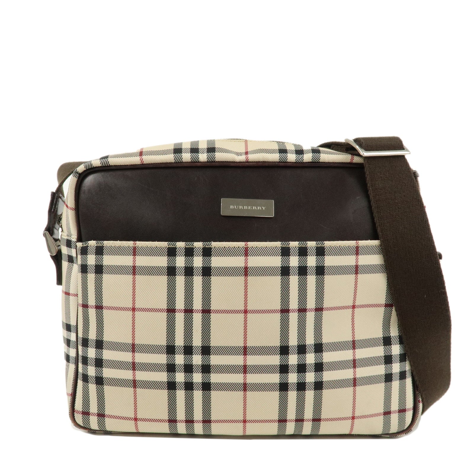 BURBERRY-Nylon-Leather-Nova-Plaid-Shoulder-Bag-Beige-Brown