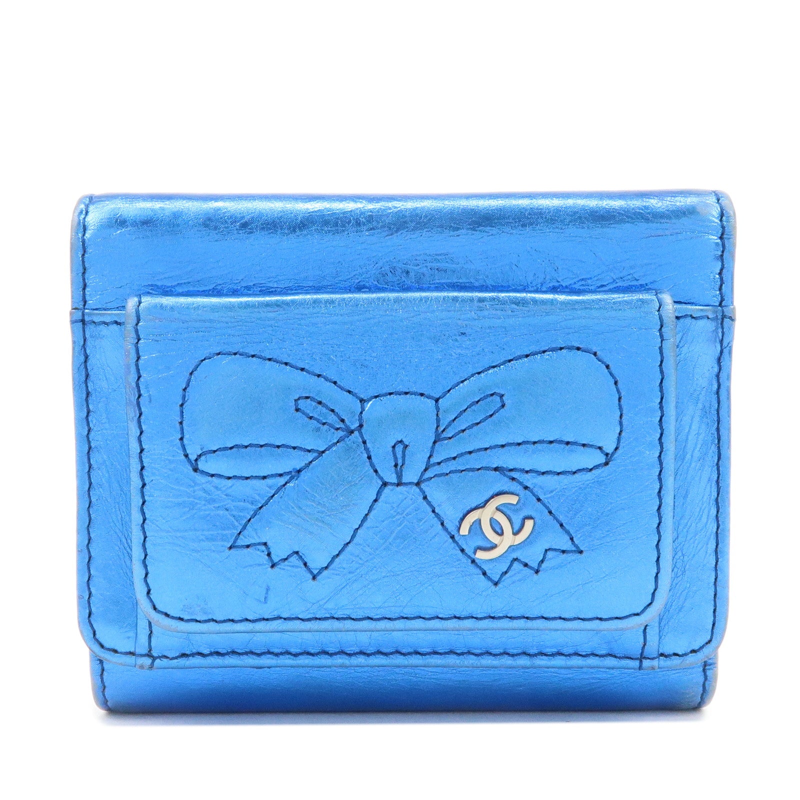 CHANEL-Ribbon-COCO-Mark-W-Hook-Tri-Fold-Compact-Wallet-Blue