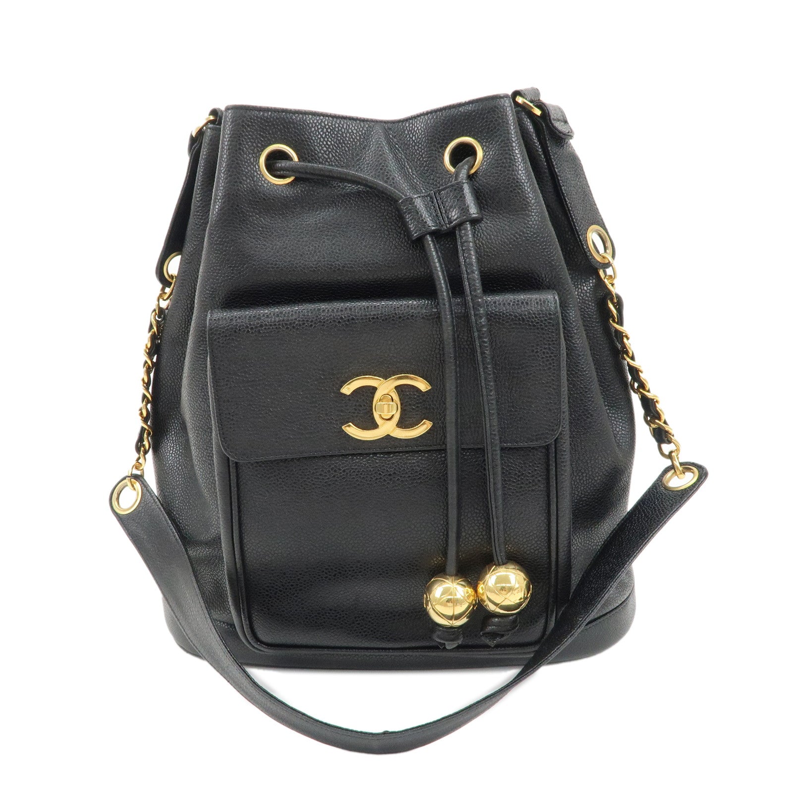 CHANEL-Caviar-Skin-Coco-Mark-Shoulder-Bag-Black-Gold-HDW