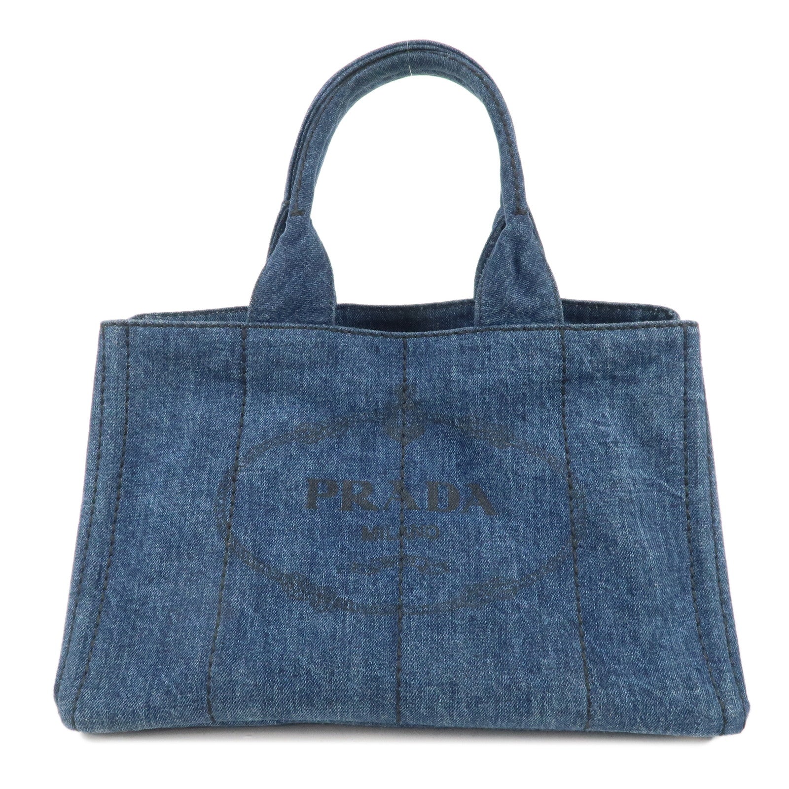 PRADA-Logo-Canapa-Denim-Hand-Bag-Tote-Bag-Denim-Blue