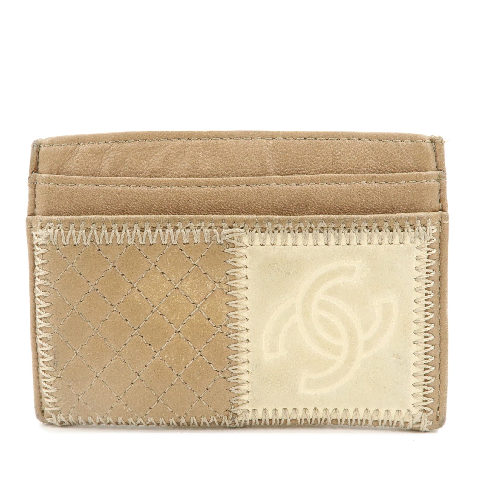 CHANEL-Leather-Icon-Patch-Work-Card-Case-Beige