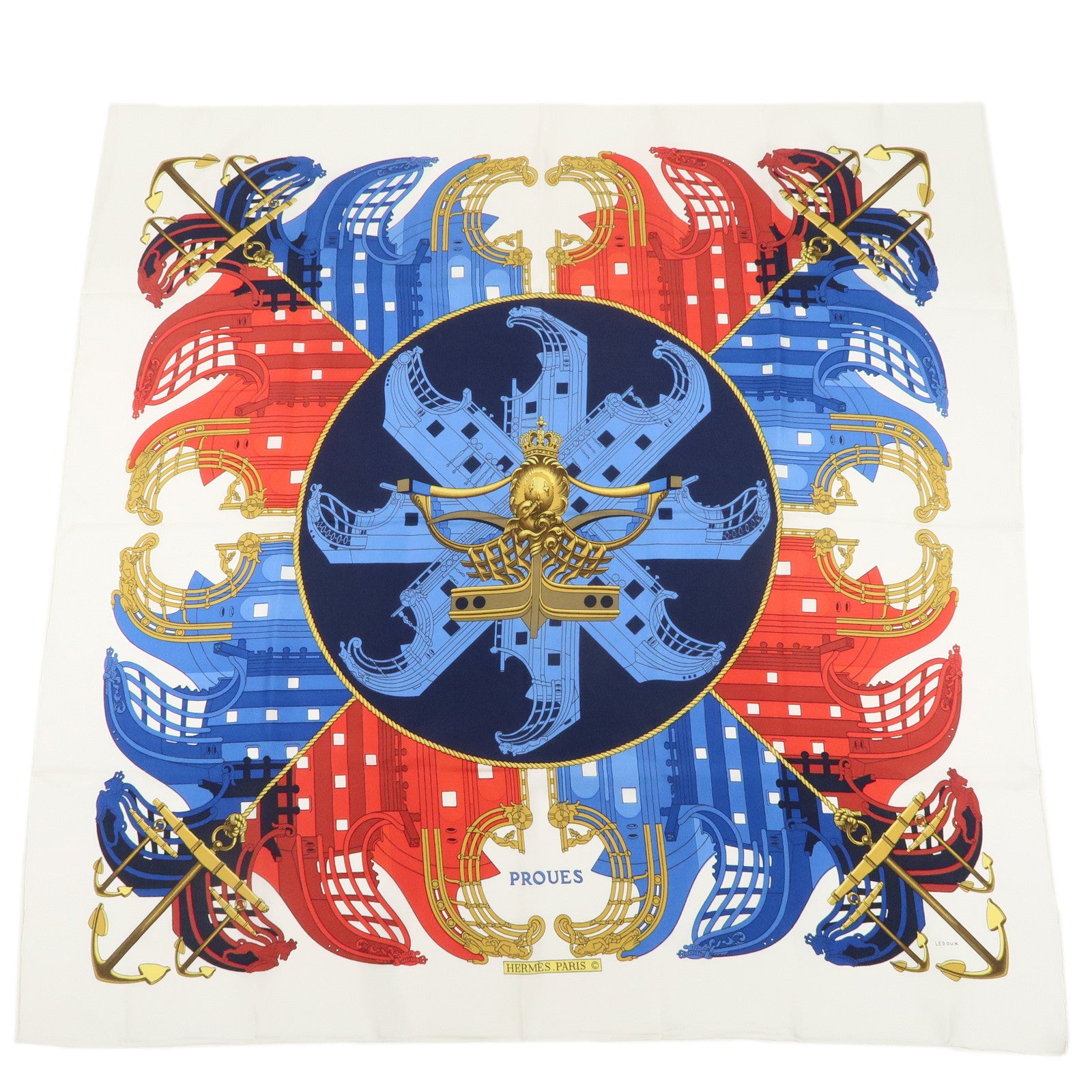 HERMES-Silk-100%-Carre-90-Scarf-PROUES-White-Red-Blue