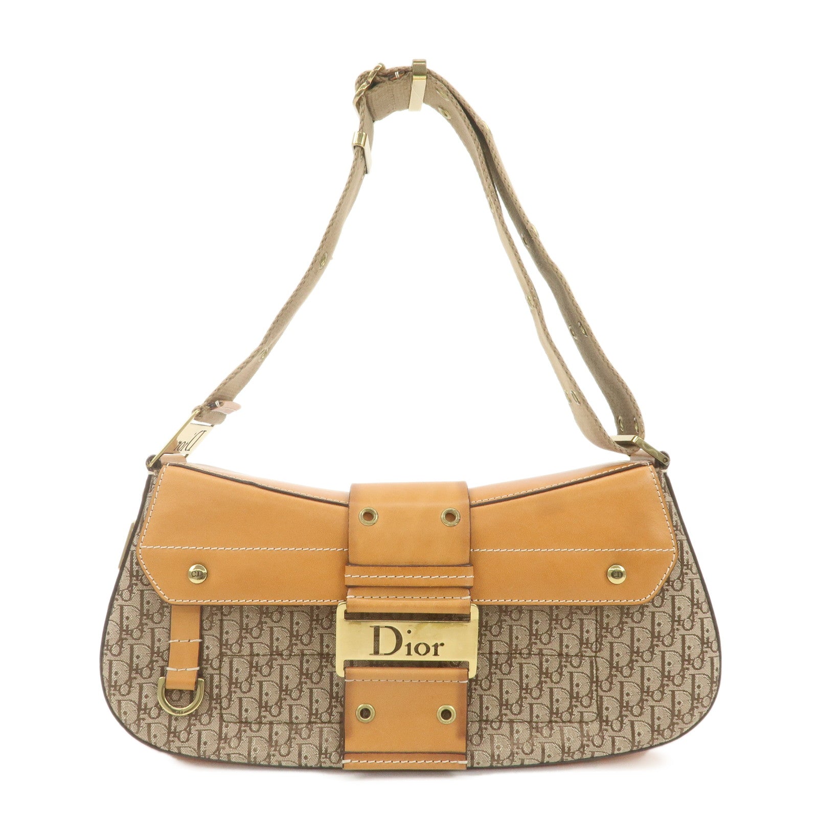 Christian-Dior-Trotter-Canvas-Leather-Shoulder-Bag-Light-Brown