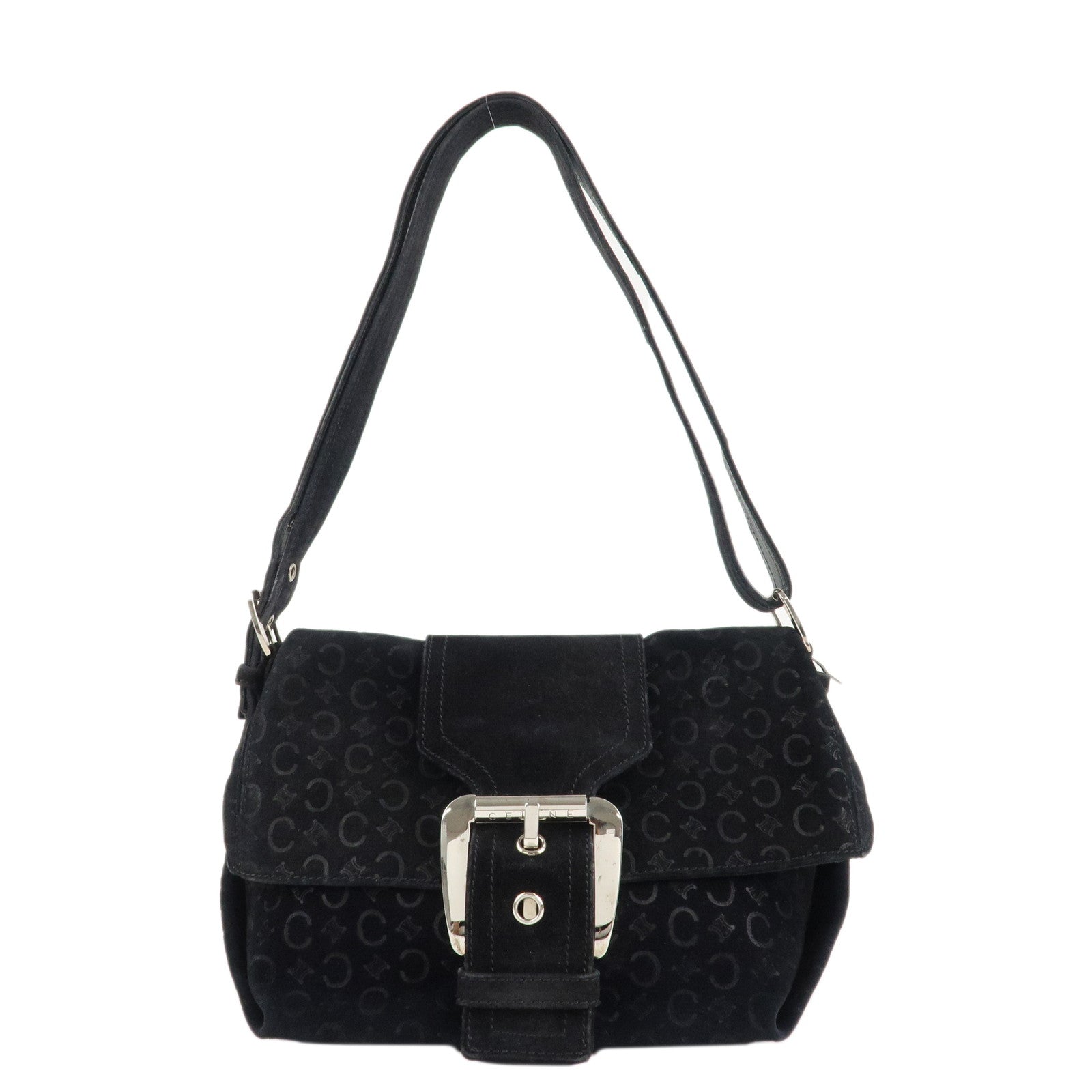 CELINE-C-Macadam-Suede-Leather-Shulder-Bag-Hand-Bag-Black