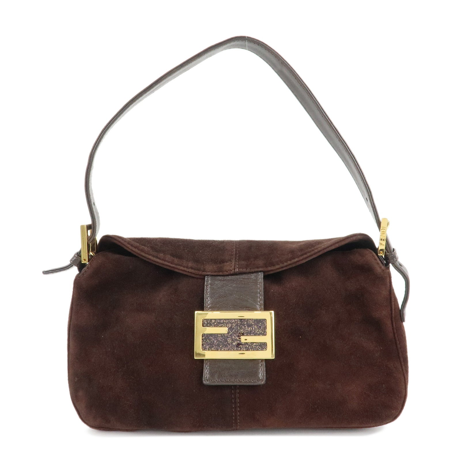 FENDI-Suede-Semi-Shoulder-Bag-Hand-Bag-Dark-Brown-Gold-HDW-26725