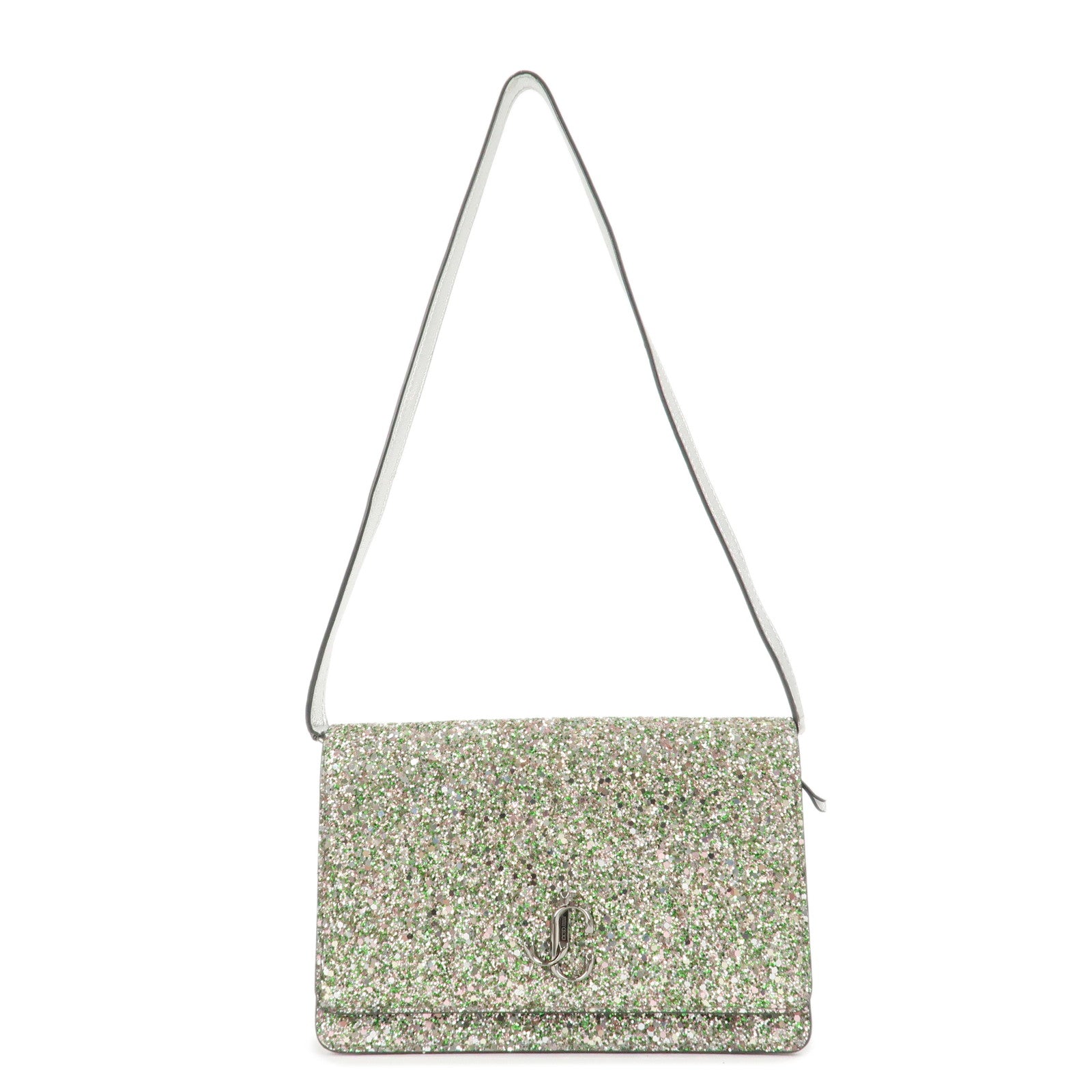 JIMMY-CHOO-Glitter-Leather-Shoulder-Wallet-Bag-Green-Silver