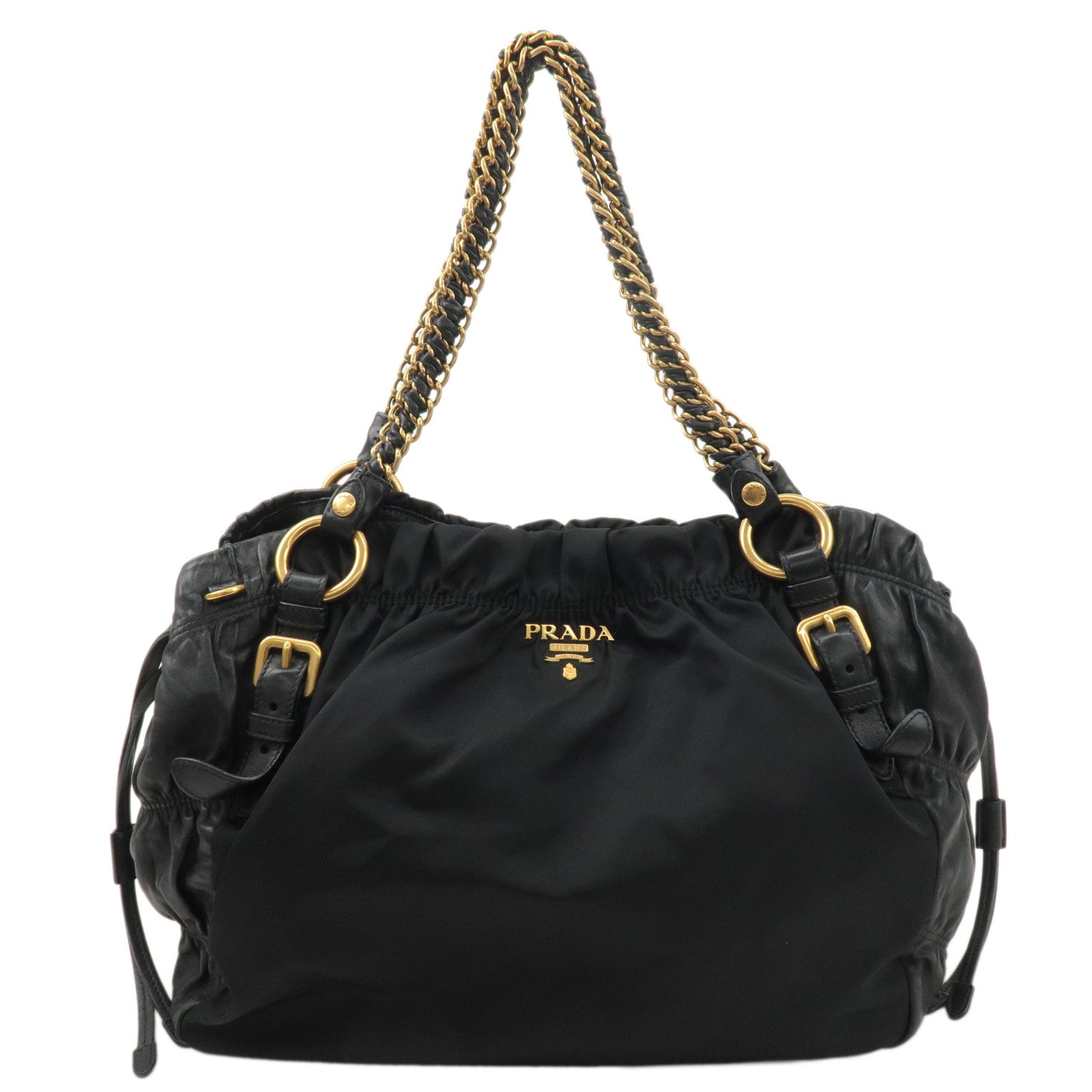 PRADA-Nylon-Leather-Chain-Tote-Bag-Hand-Bag-Black