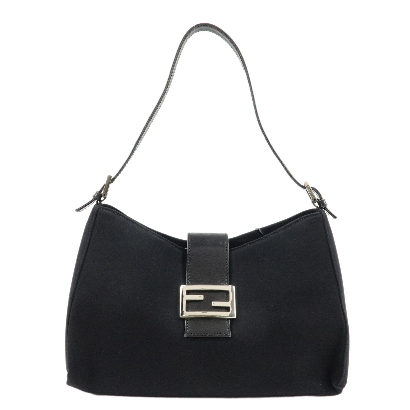 FENDI-Urethane-Leather-Shoulder-Bag-Black-Silver-Hardware