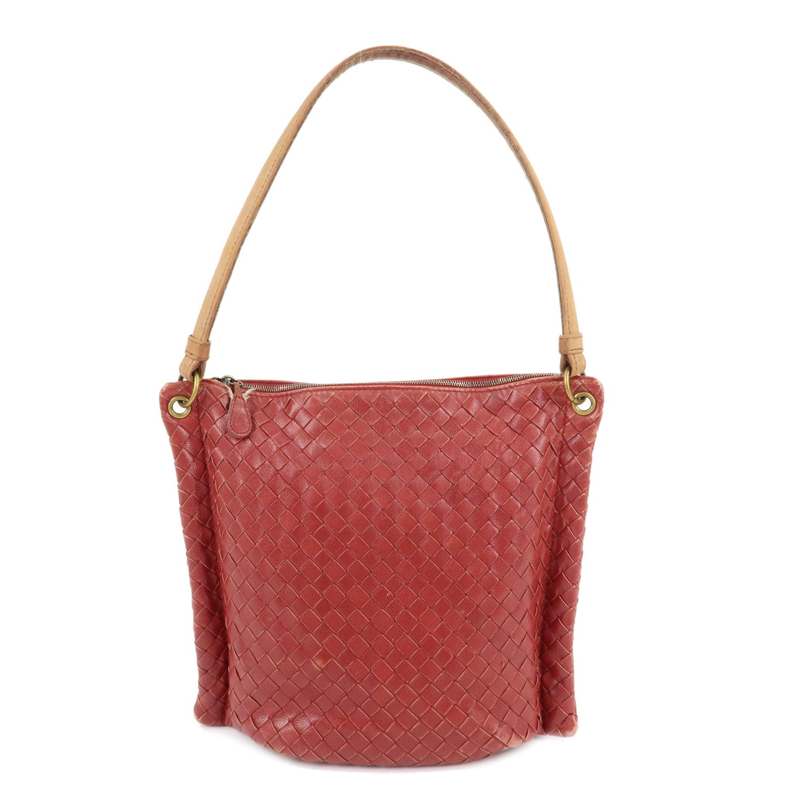 BOTTEGA-VENETA-Intrecciato-Leather-Shoulder-Bag-Red-Beige-210236