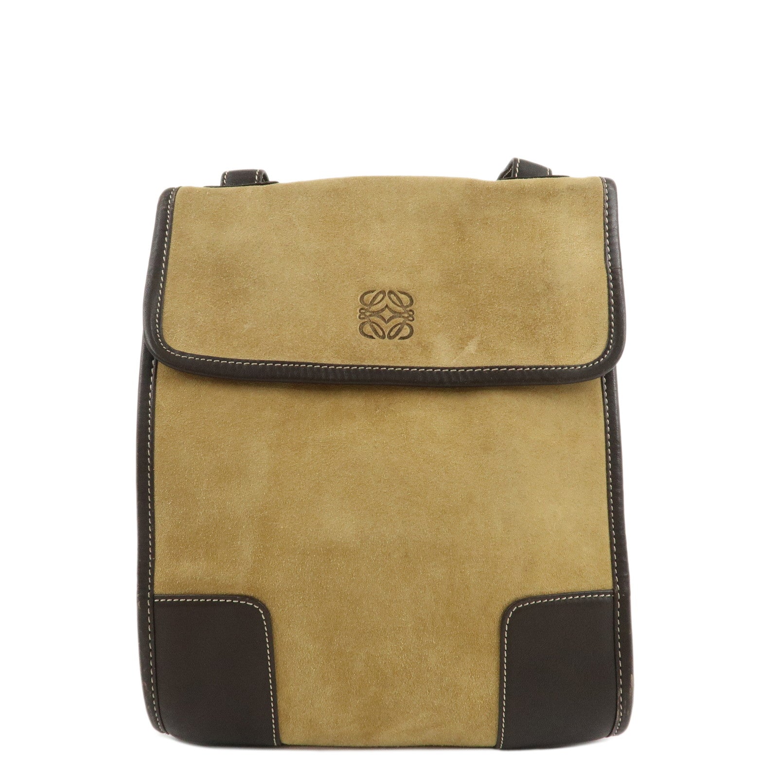 LOEWE-Anagram-Suede-Leather-Back-Pack-Ruck-Sack-Beige-Dark-Brown