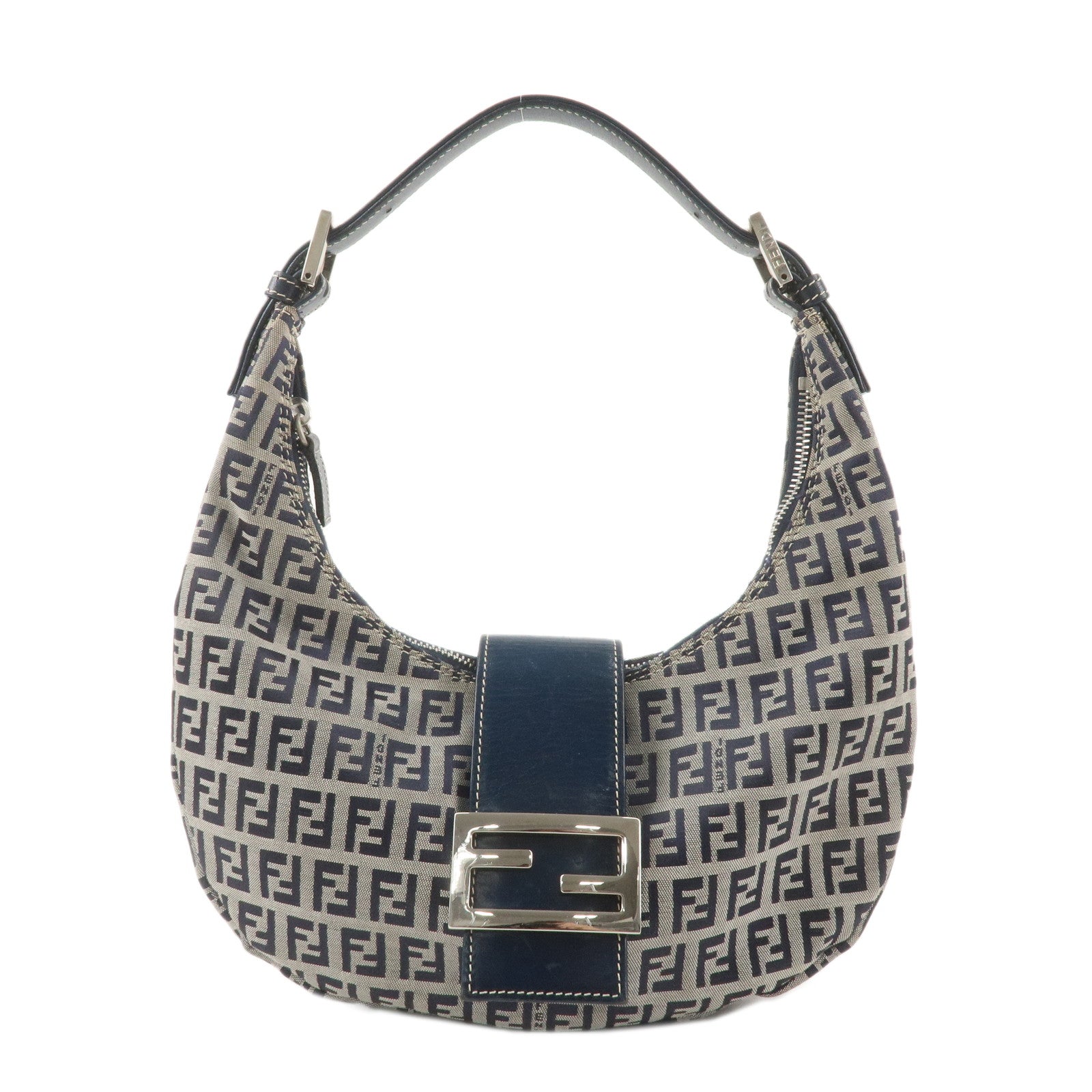 FENDI-Zucchino-Canvas-Leather-Shoulder-Bag-Navy-Grey