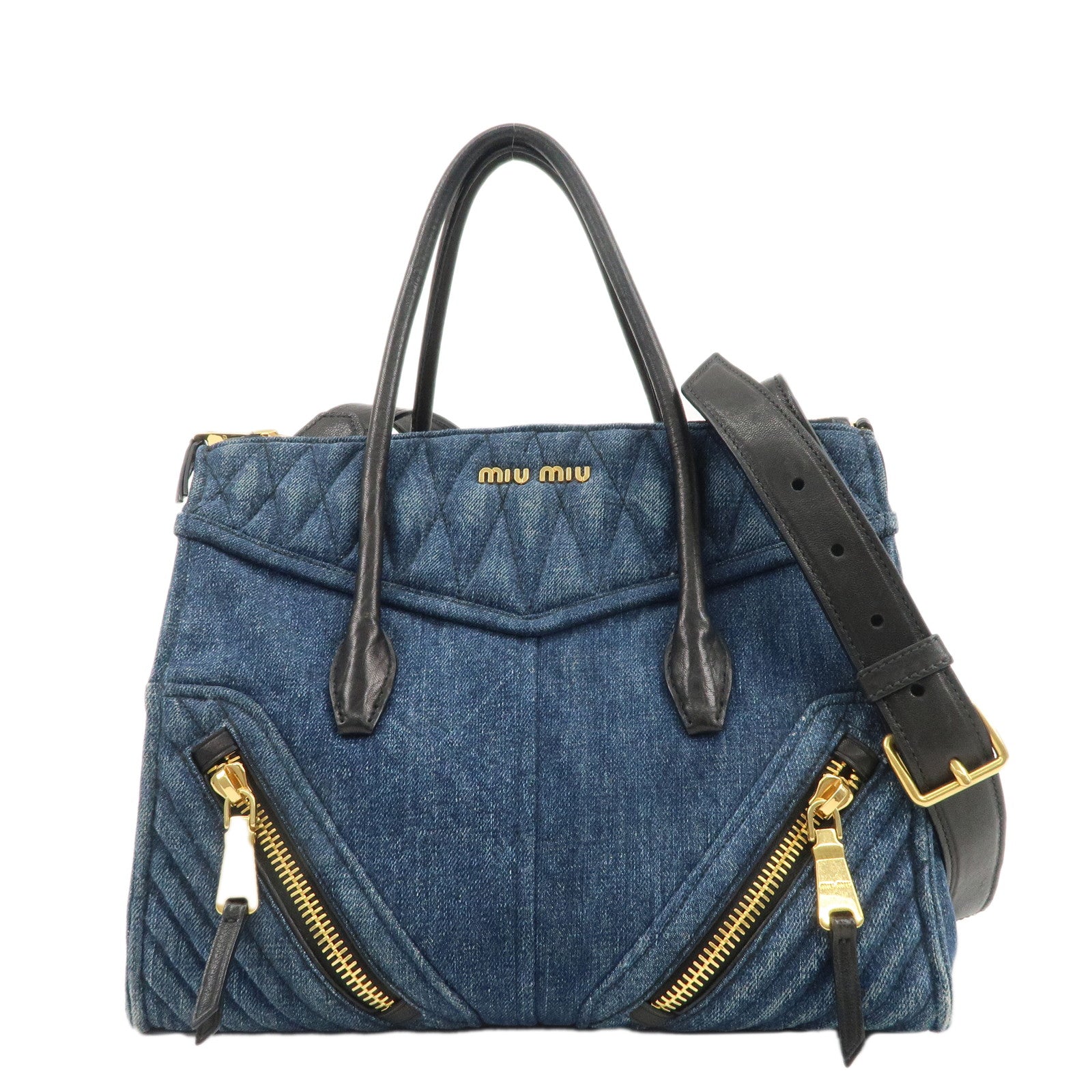 MIU-MIU-Denim-Leather-Biker-2WAY-Bag-Blue-Black-RN1031