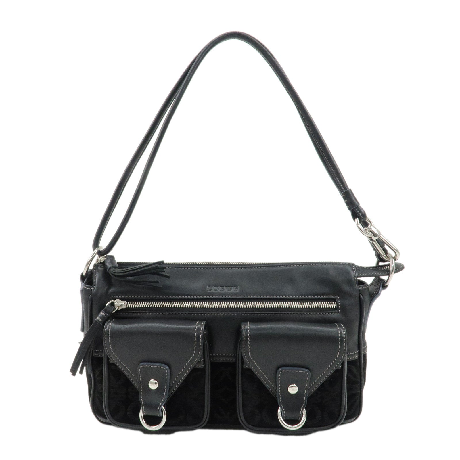 LOEWE-Anaglam-Leather-Suede-Shoulder-Bag-Hand-Bag-Black