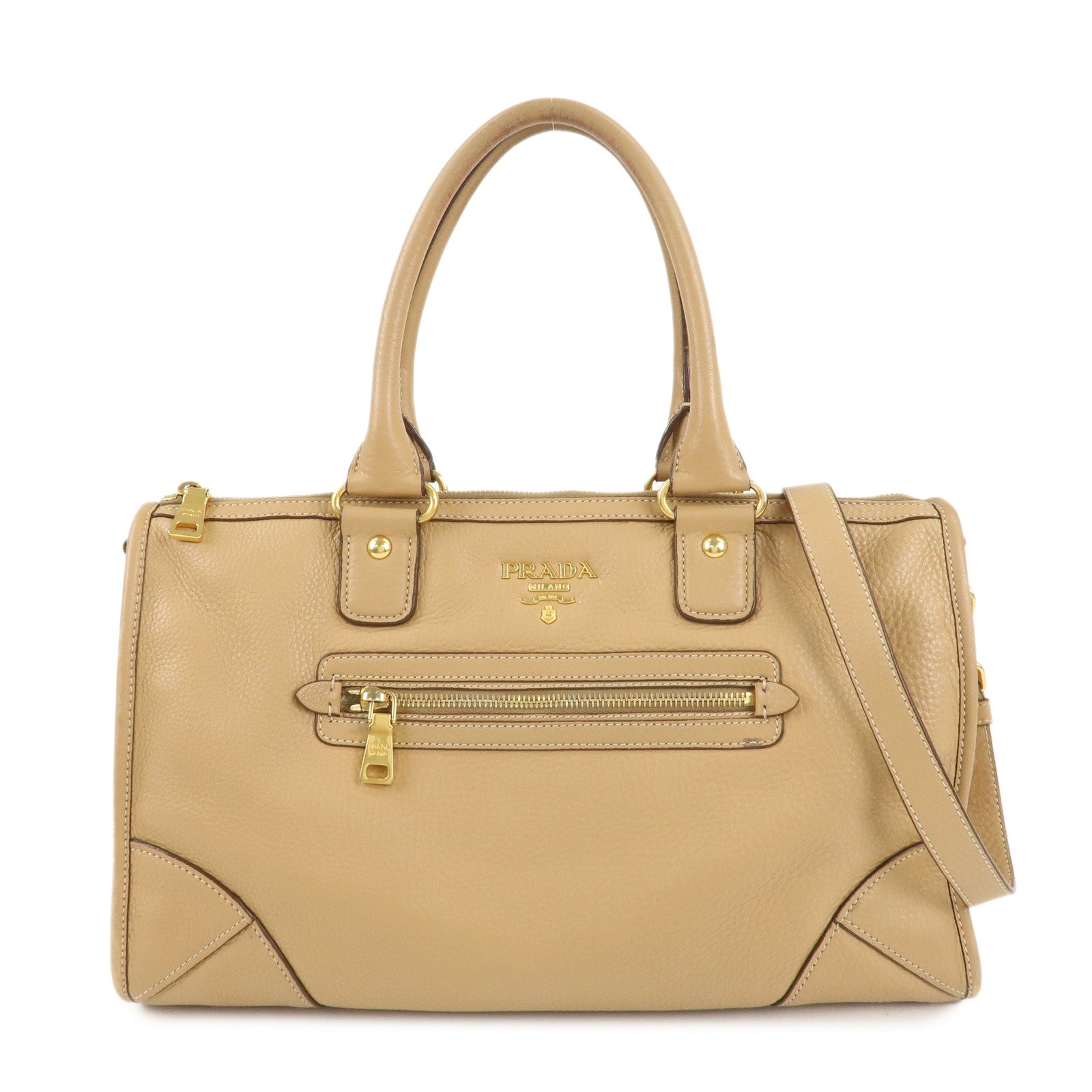 PRADA-Logo-Leather-2Way-Bag-Hand-Bag-Shoulder-Bag-Beige