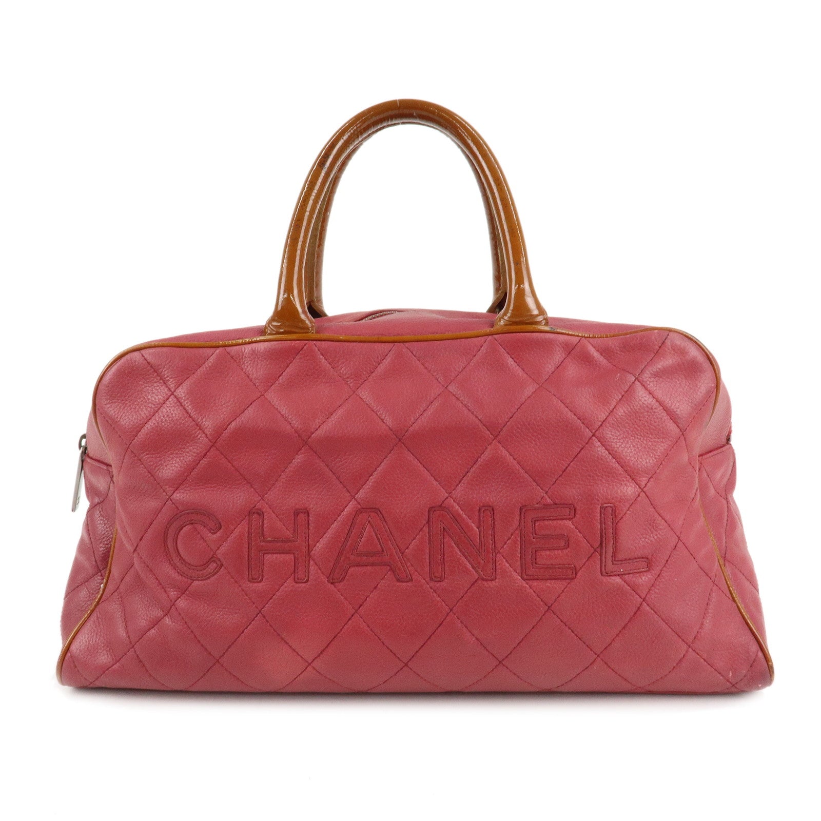 CHANEL-Matelasse-Caviar-Skin-Patent-Boston-Bag-Hand-Bag-Red