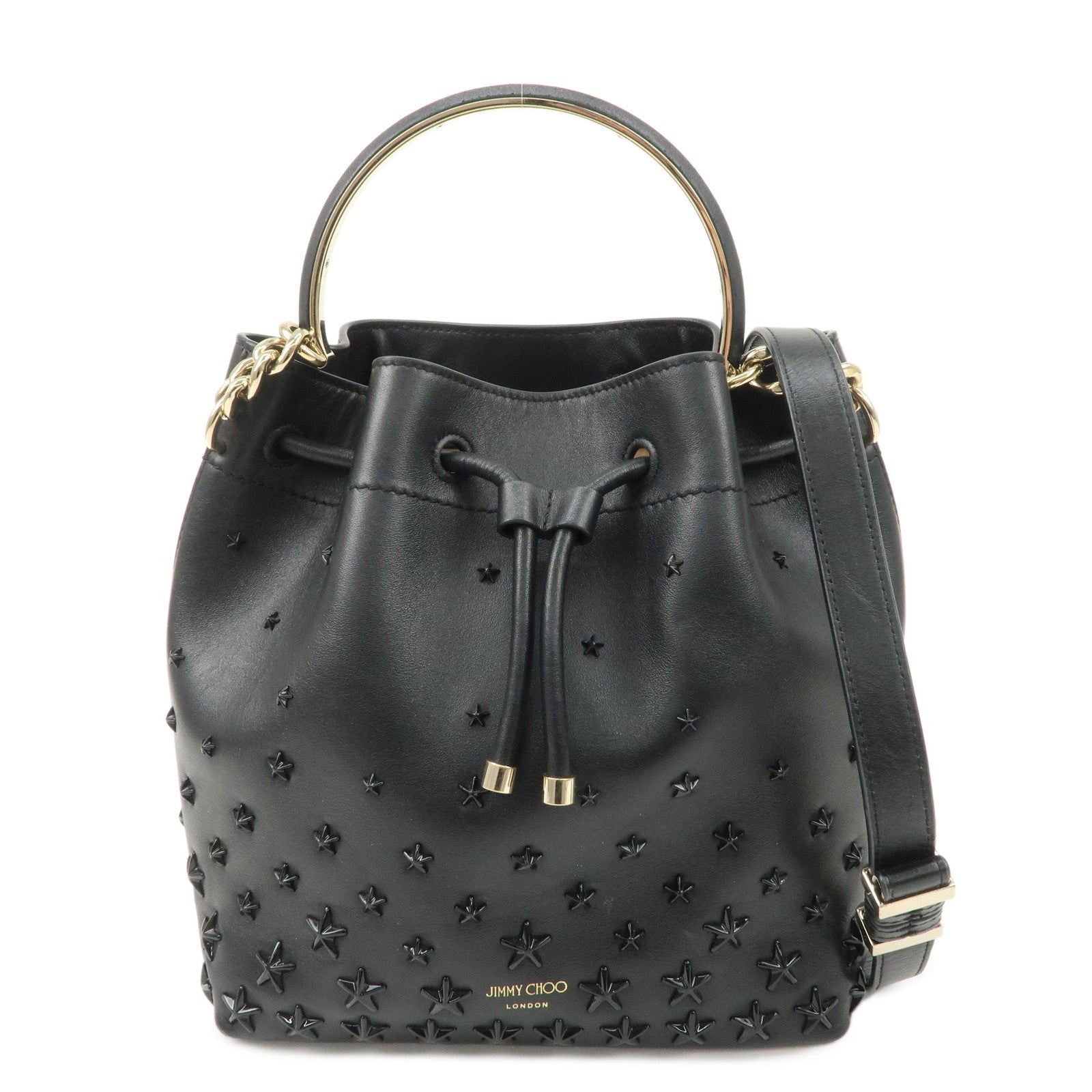 JIMMY-CHOO-Leather-BONBON-2-Way-Bag-Bucket-Bag-Shoulder-bag-Black