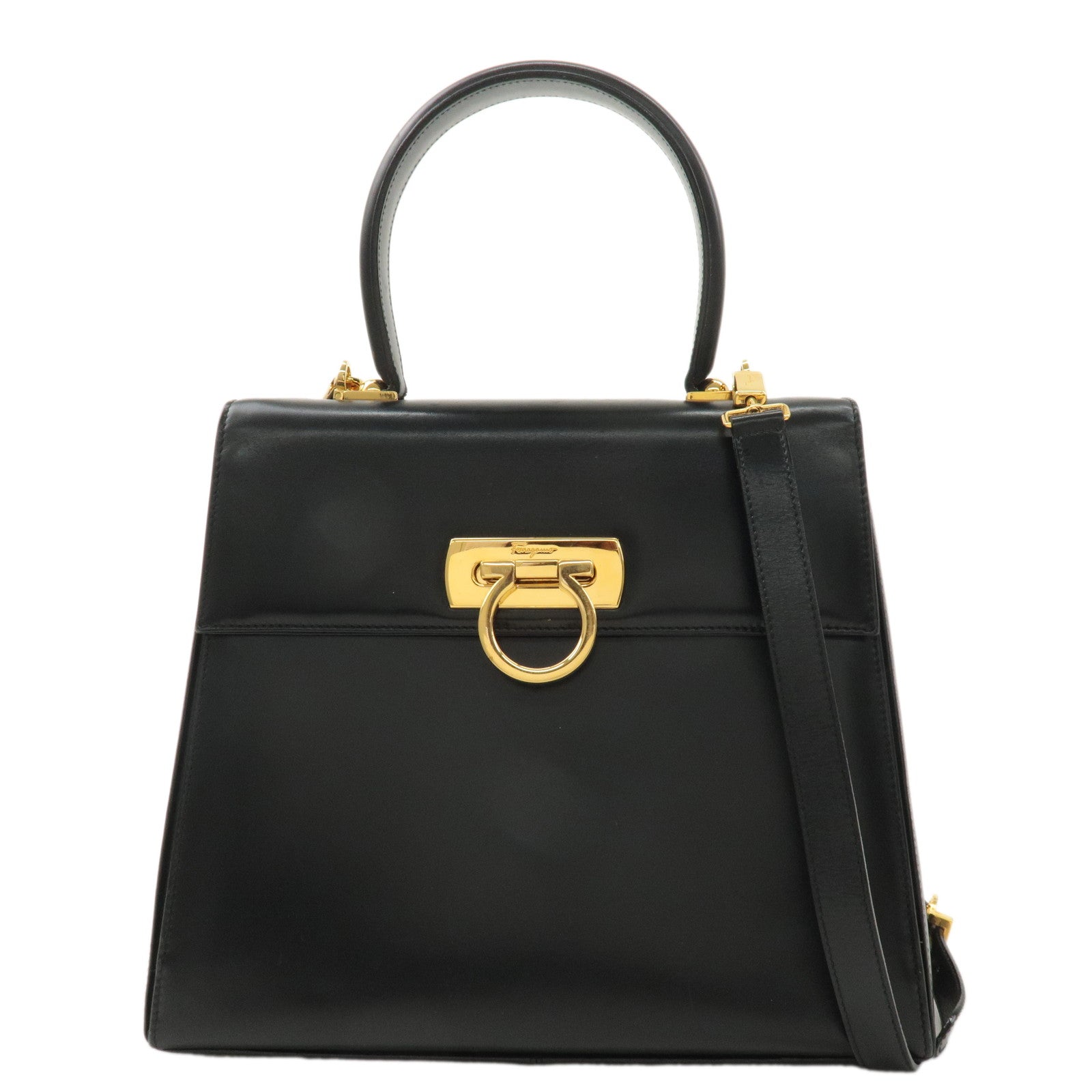 FERRAGAMO-Leather-Gancini-2Way-Hand-Shoulder-Bag-Black-AT210536