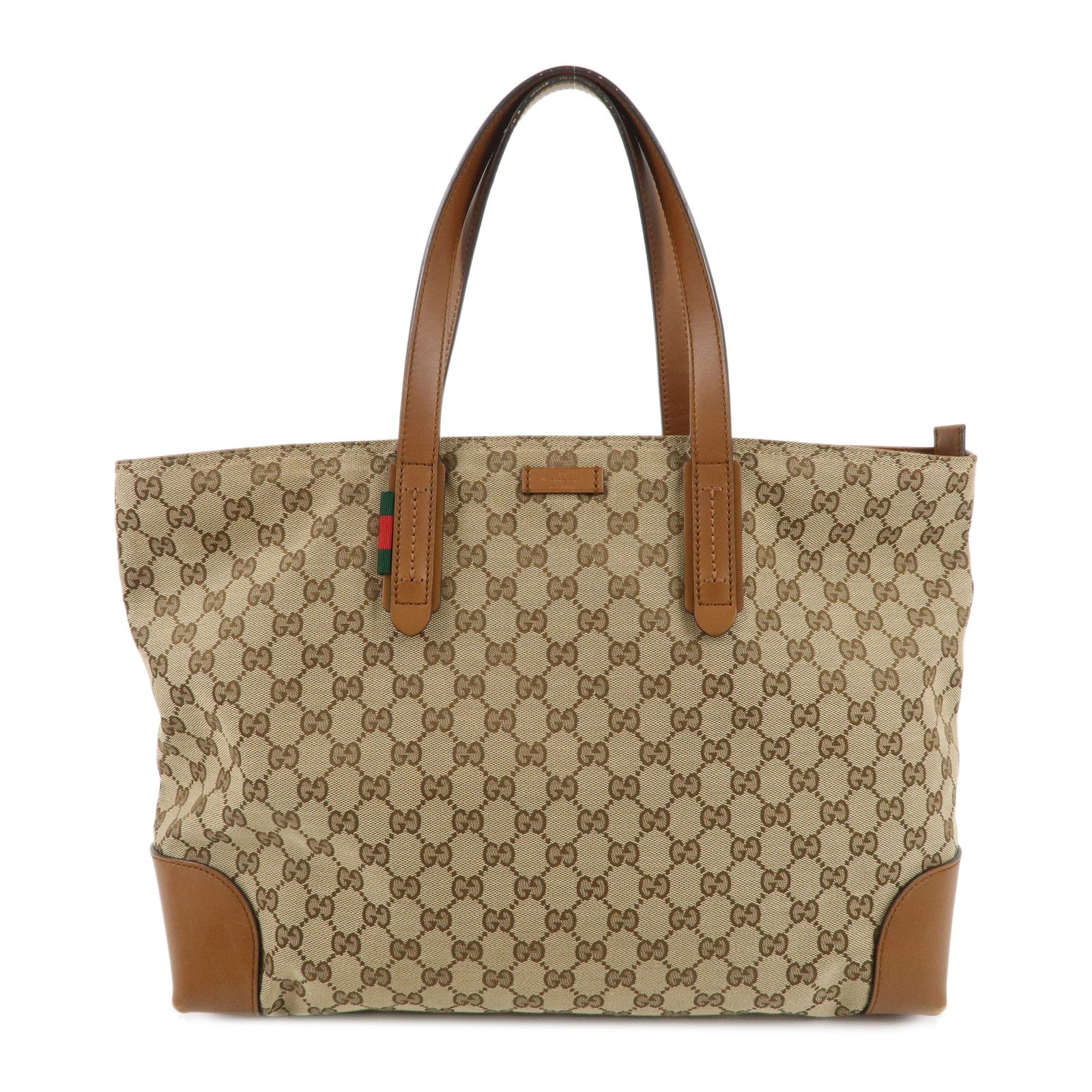 GUCCI-Sherry-GG-Canvas-Leather-Tote-Bag-Beige-Brown-308928