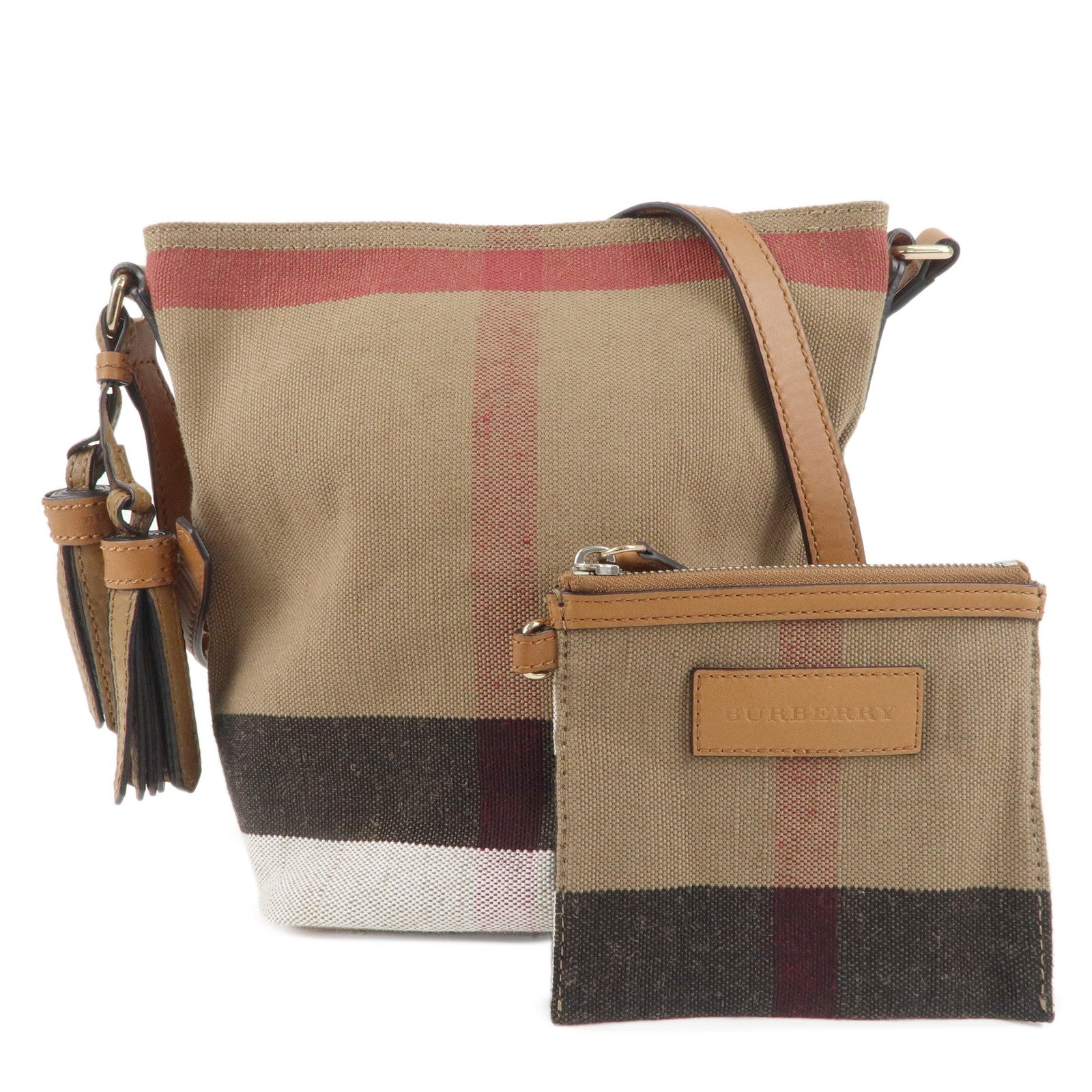 BURBERRY-Canvas-Leather-Plaid-Bucket-Shoulder-Bag-Beige-Brown