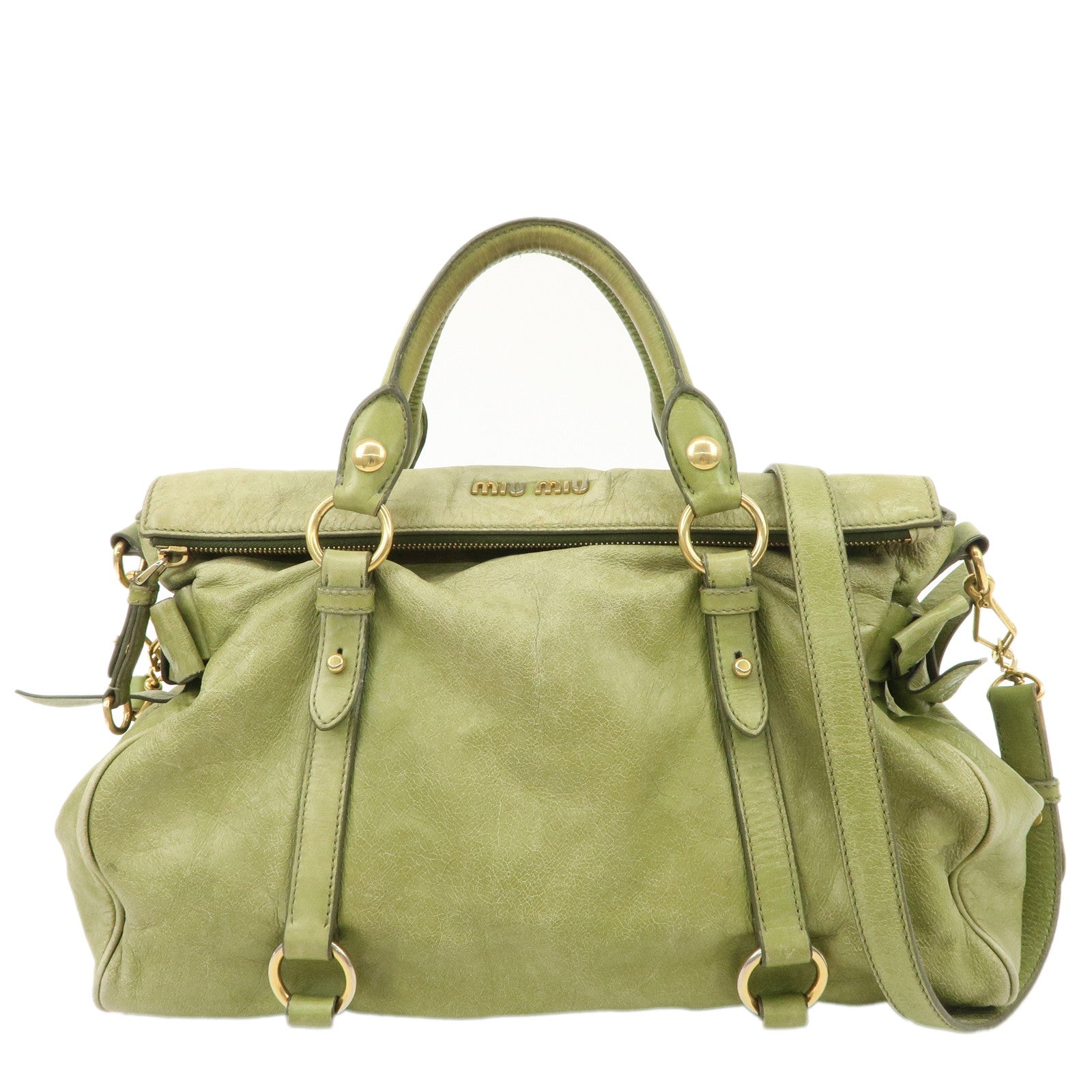 MIU-MIU-Leather-2WAY-Bag-Hand-Bag-Shoulder-Bag-Gold-HDW-Green