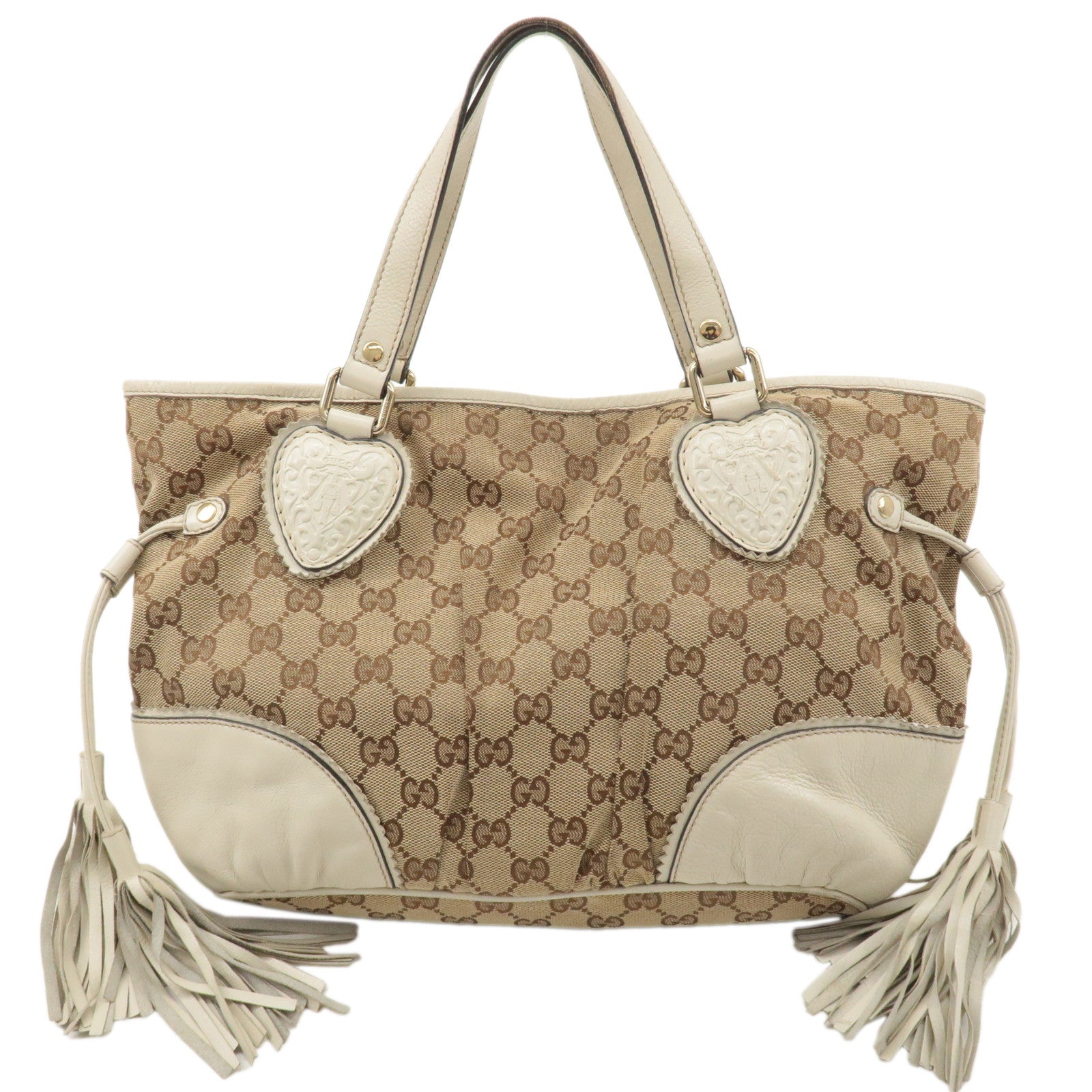 GUCCI GG Canvas Leather Crest Hand Bag Beige Brown 211955