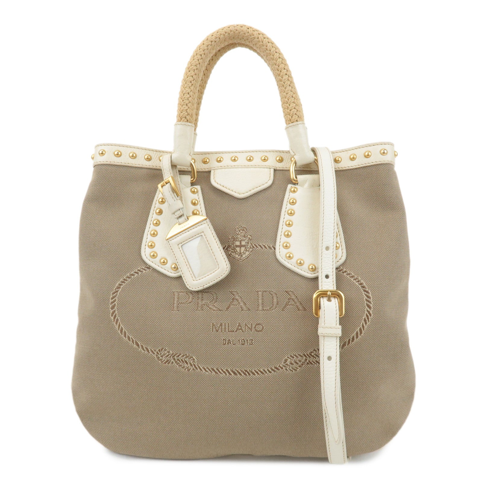 PRADA-Canvas-Leather-2WAY-Logo-Studs-Hand-Bag-Beige-BN1450