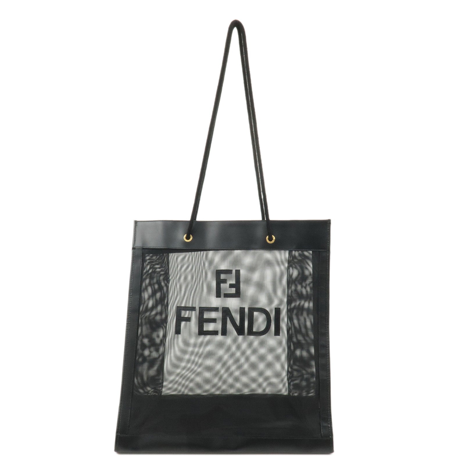 FENDI Mesh Leather Tote Bag Shoulder Bag Black 259642