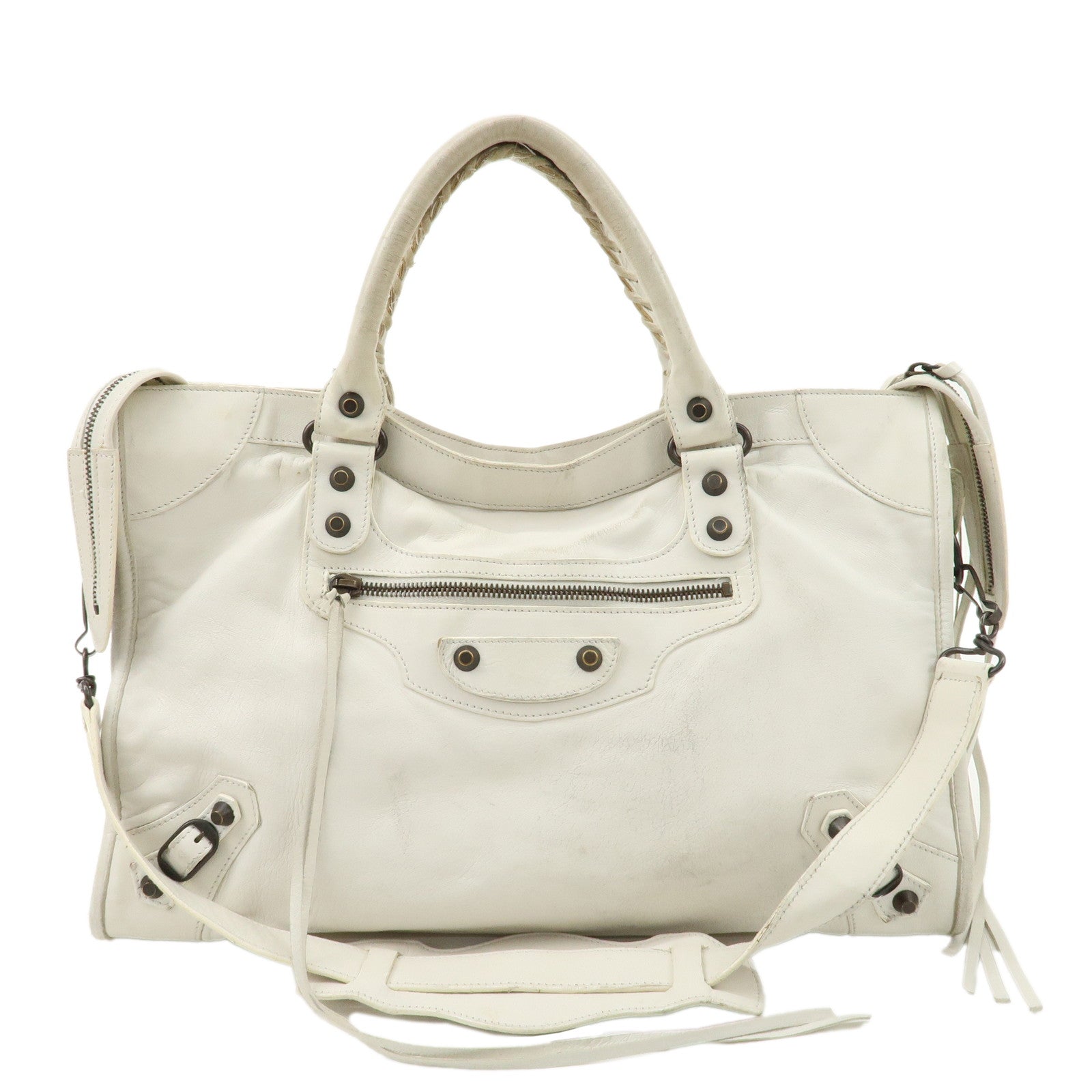 BALENCIAGA-The-City-Leather-2Way-Hand-Shoulder-Bag-White-115748