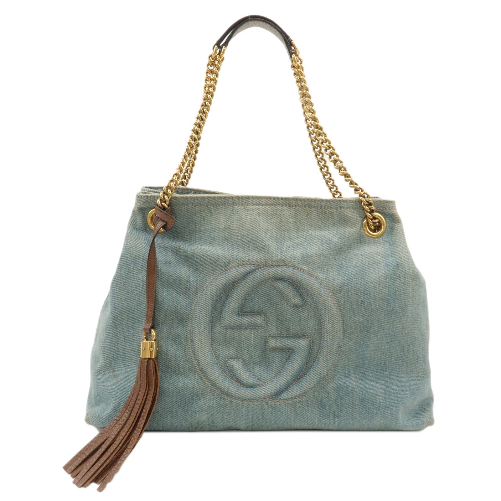 GUCCI-SOHO-Denim-Leather-Chain-Shoulder-Tote-Bag-Blue-308982