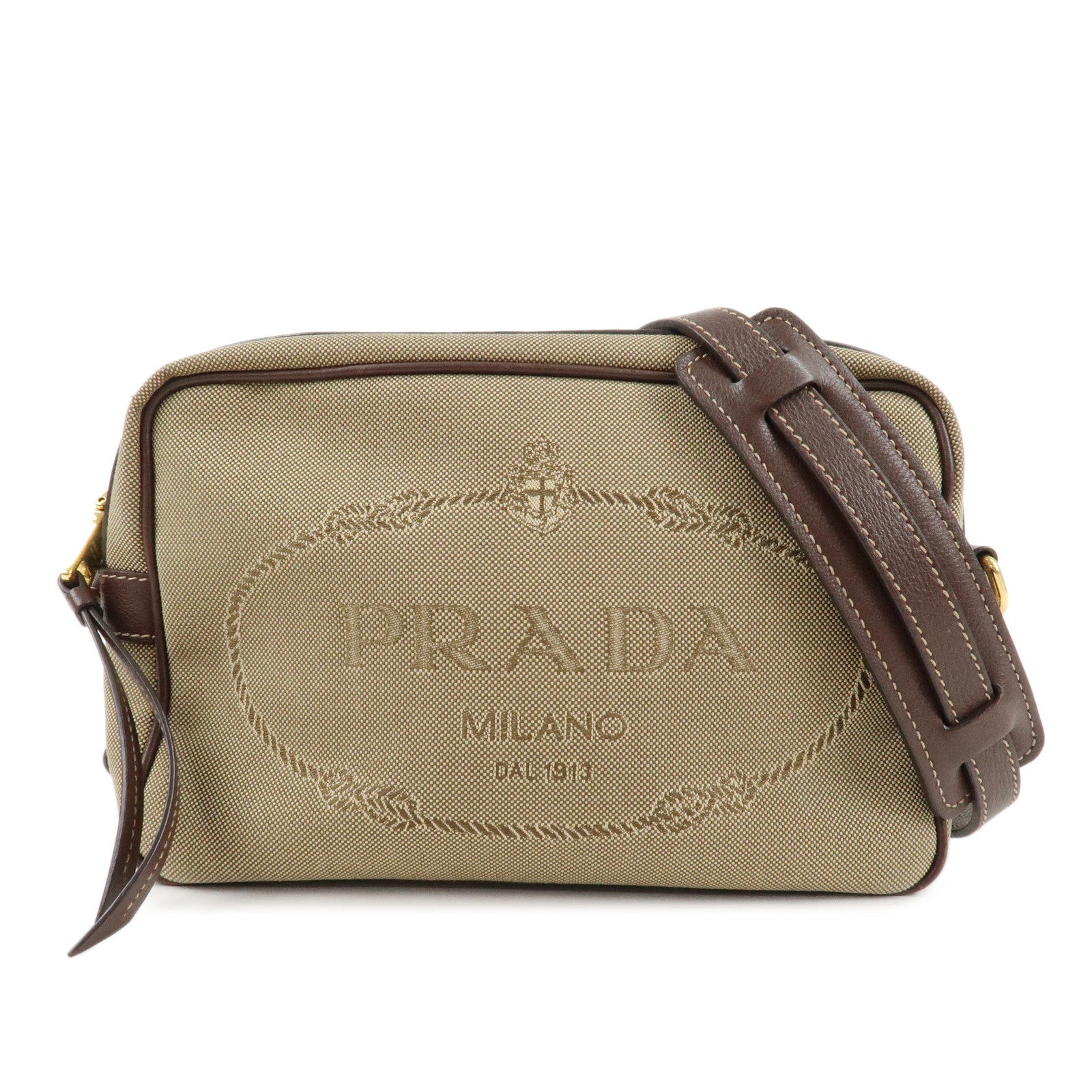 PRADA-Logo-Jacquard-Leather-Shoulder-Bag-Beige-Brown-1BH089