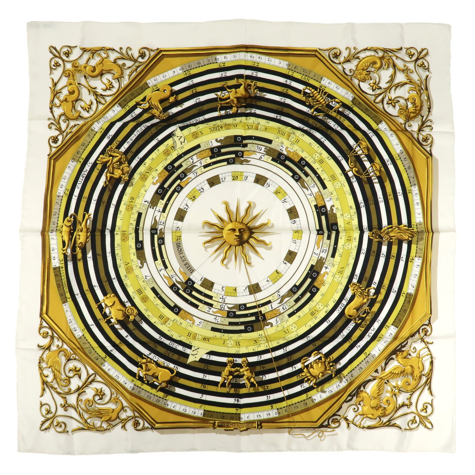 -HERMES-Carre-90-Silk-100%--Scarf-DIES-ET-HORE-White-Gold-Black