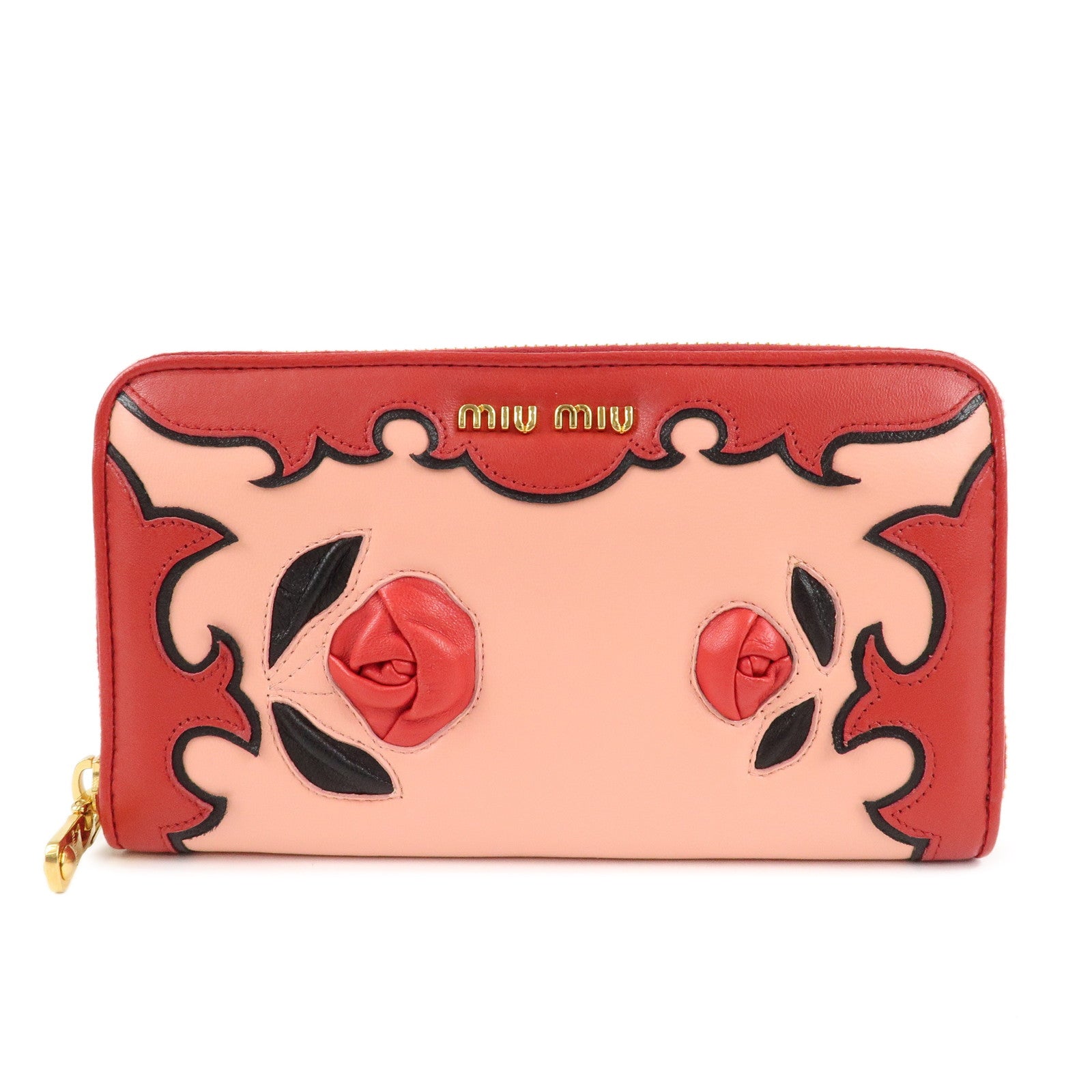 MIU-MIU-Leather-Round-Zipper-Long-Wallet-Red-Pink