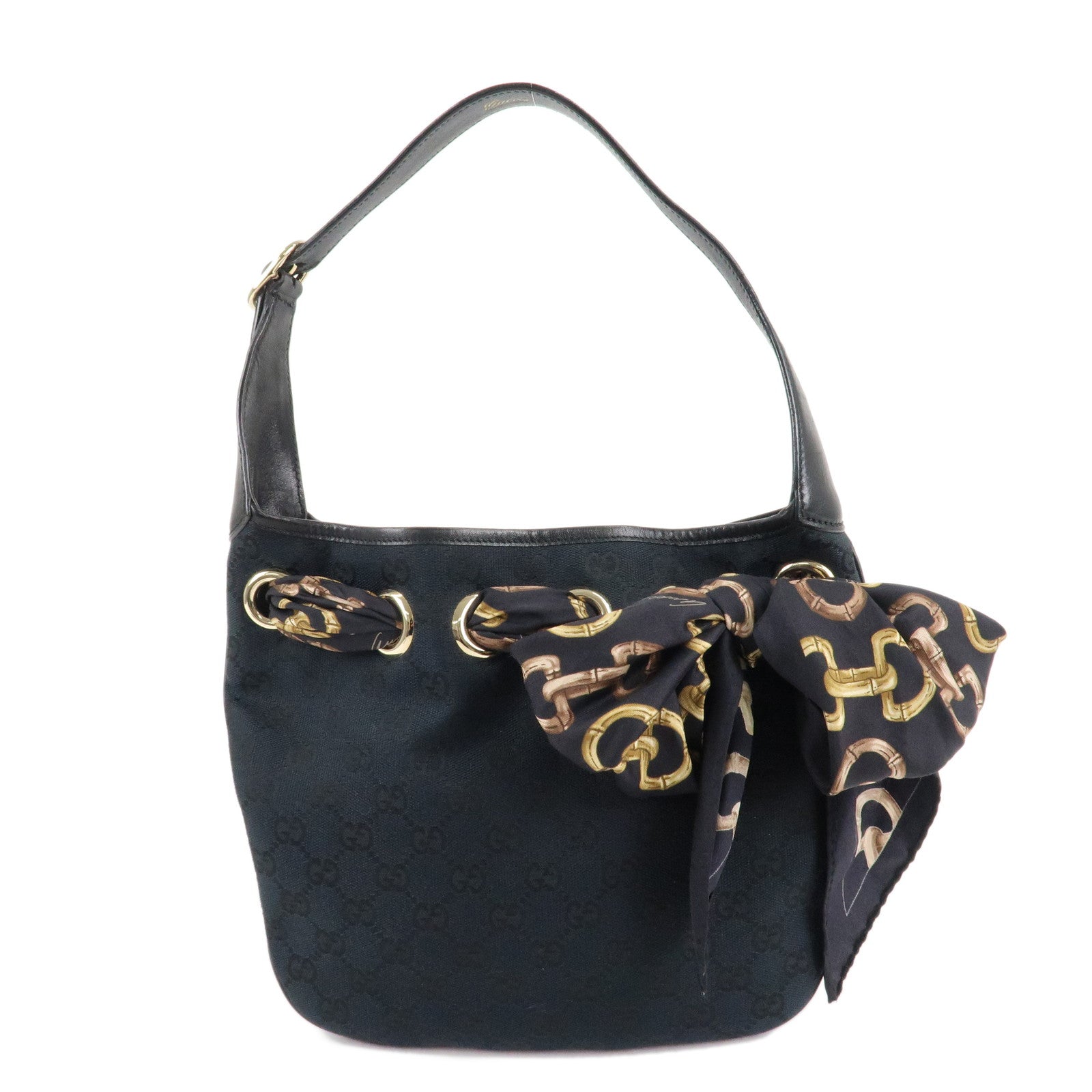 GUCCI-GG-Canvas-Leather-Scarf-Shoulder-Bag-155562-Black