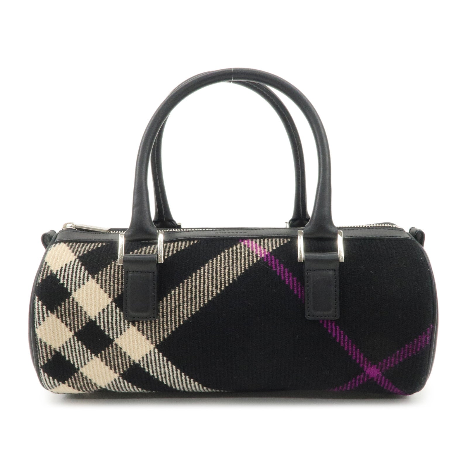 BURBERRY-Wool-Leather-Boston-Bag-Hand-Bag-Black-Beige-Purple