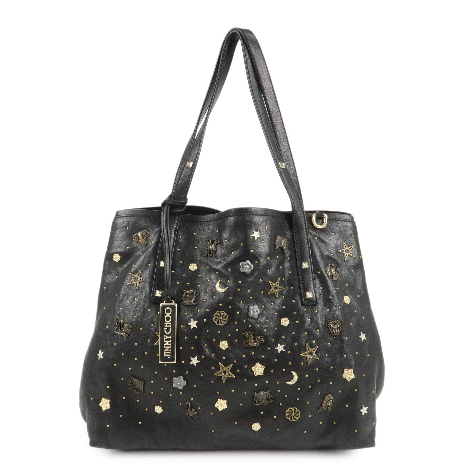 JIMMY-CHOO-Zodiac-Leather-Studs-Tote-Bag-Hand-Bag-Black