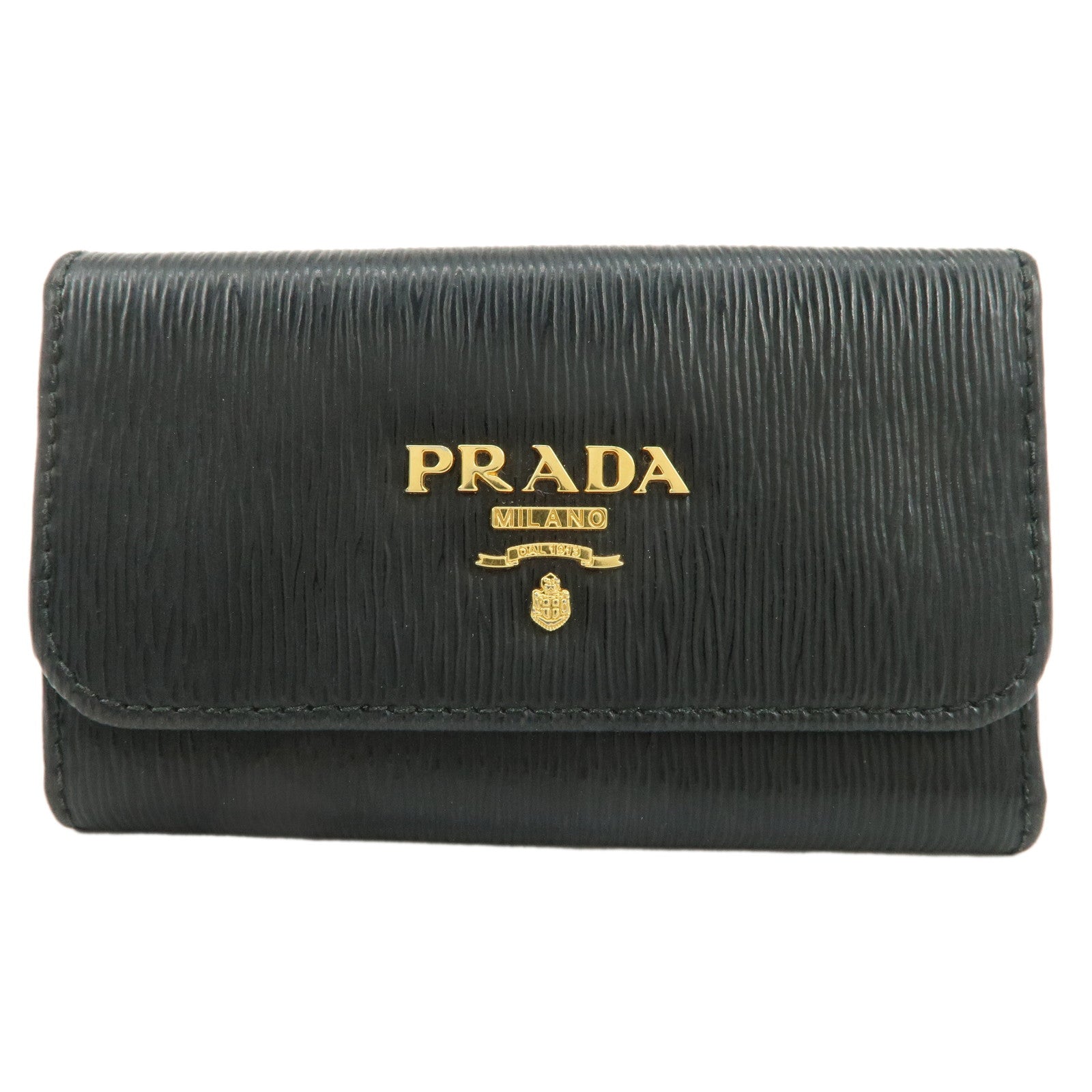 PRADA-Leather-6-Key-Hook-Key-Case-Key-Holder-Black-Gold-HDW