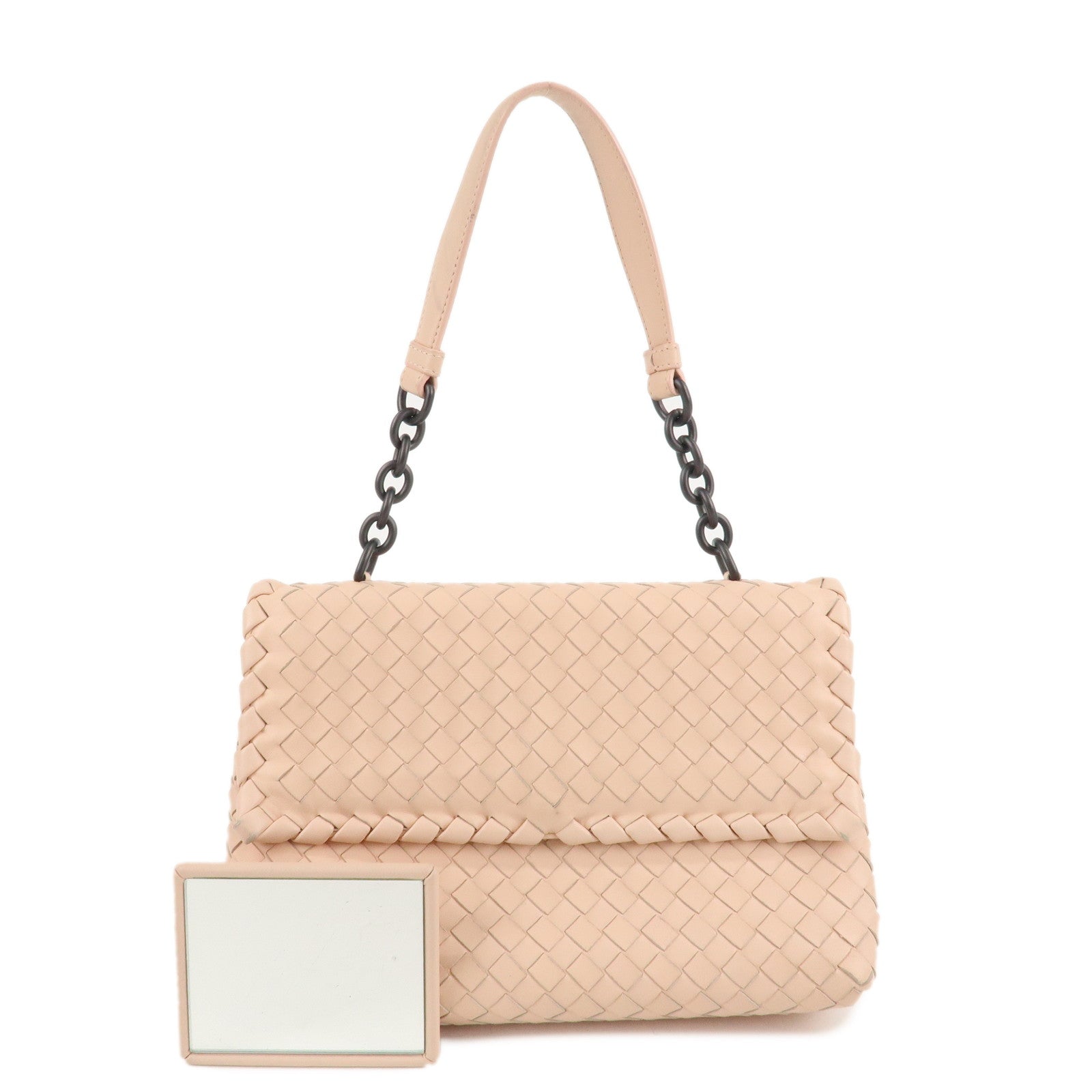 BOTTEGA-VENETA-Intrecciato-Leather-Chain-Shoulder-Bag-Pink-Beige